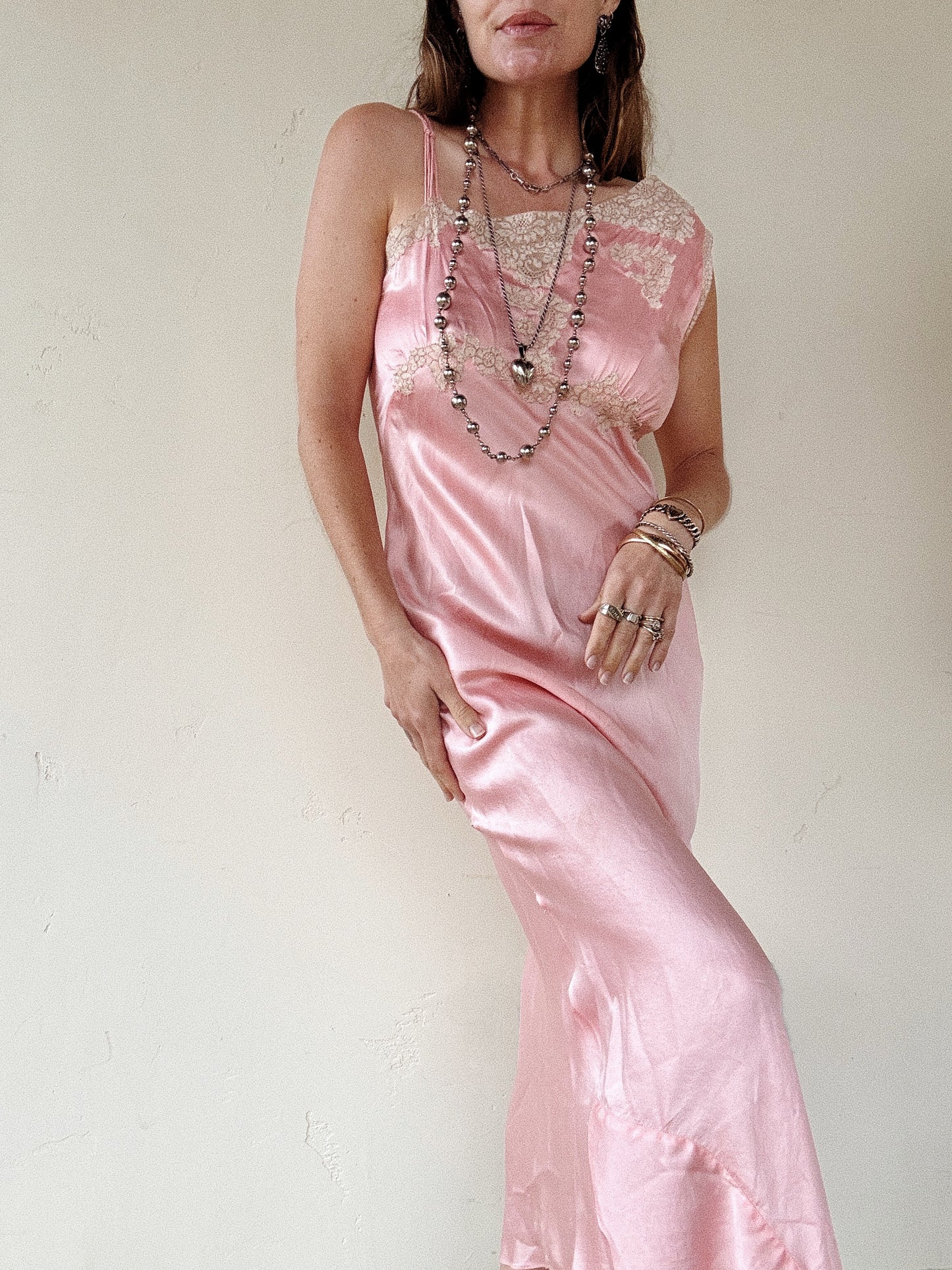 1930s/40s Pink Silk Asymmetrical Slip Dress w/ Lace- S-S/M