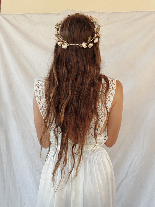Antique White Rose Bridal Wreath Crown
