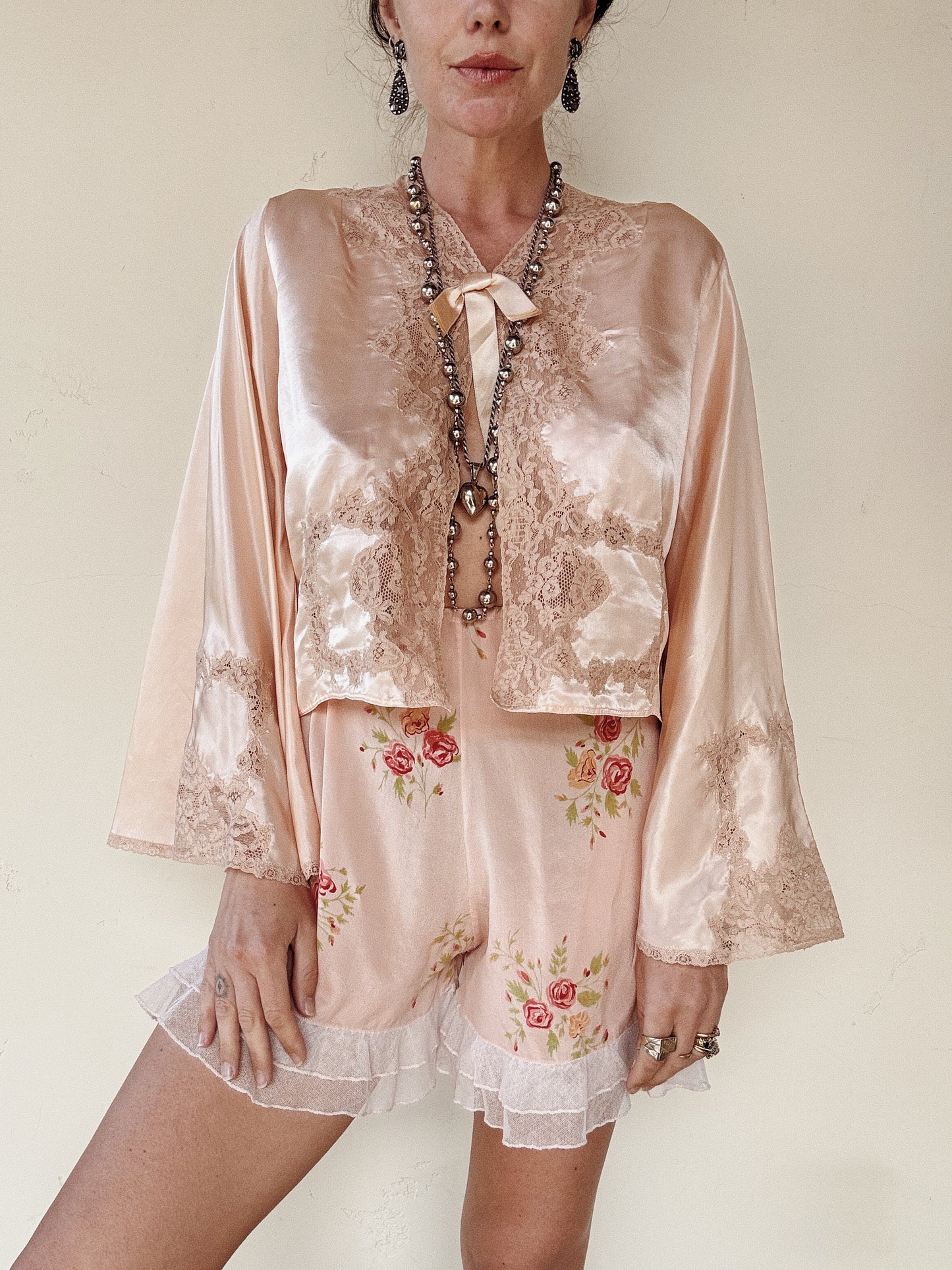 1930s Peach Silk Floral Tap Shorts w/ Net Ruffled Hem- S/M