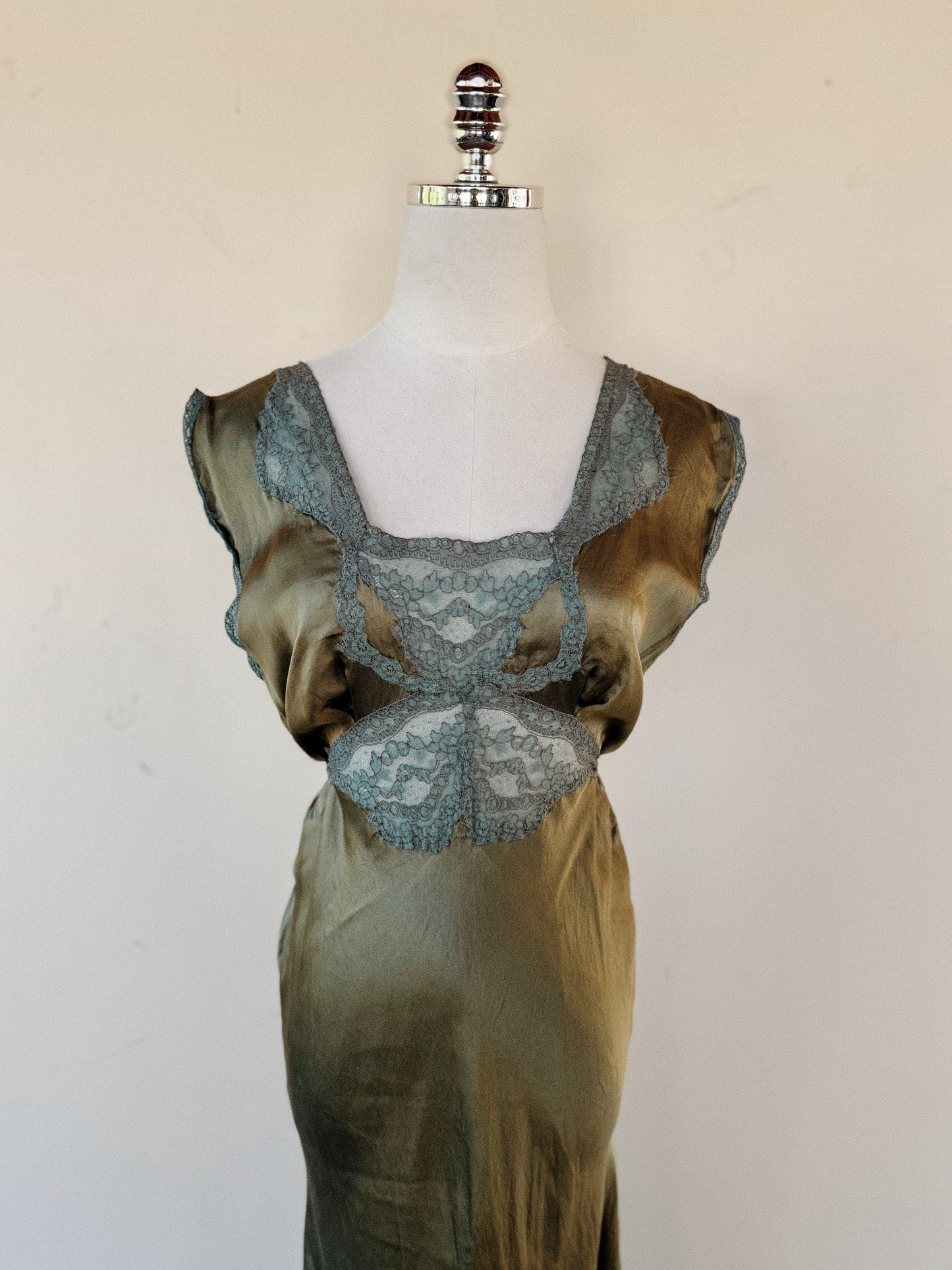 1930s Moss Green Silk Satin Slip Dress w/ Fishtail Hem- S/M-M