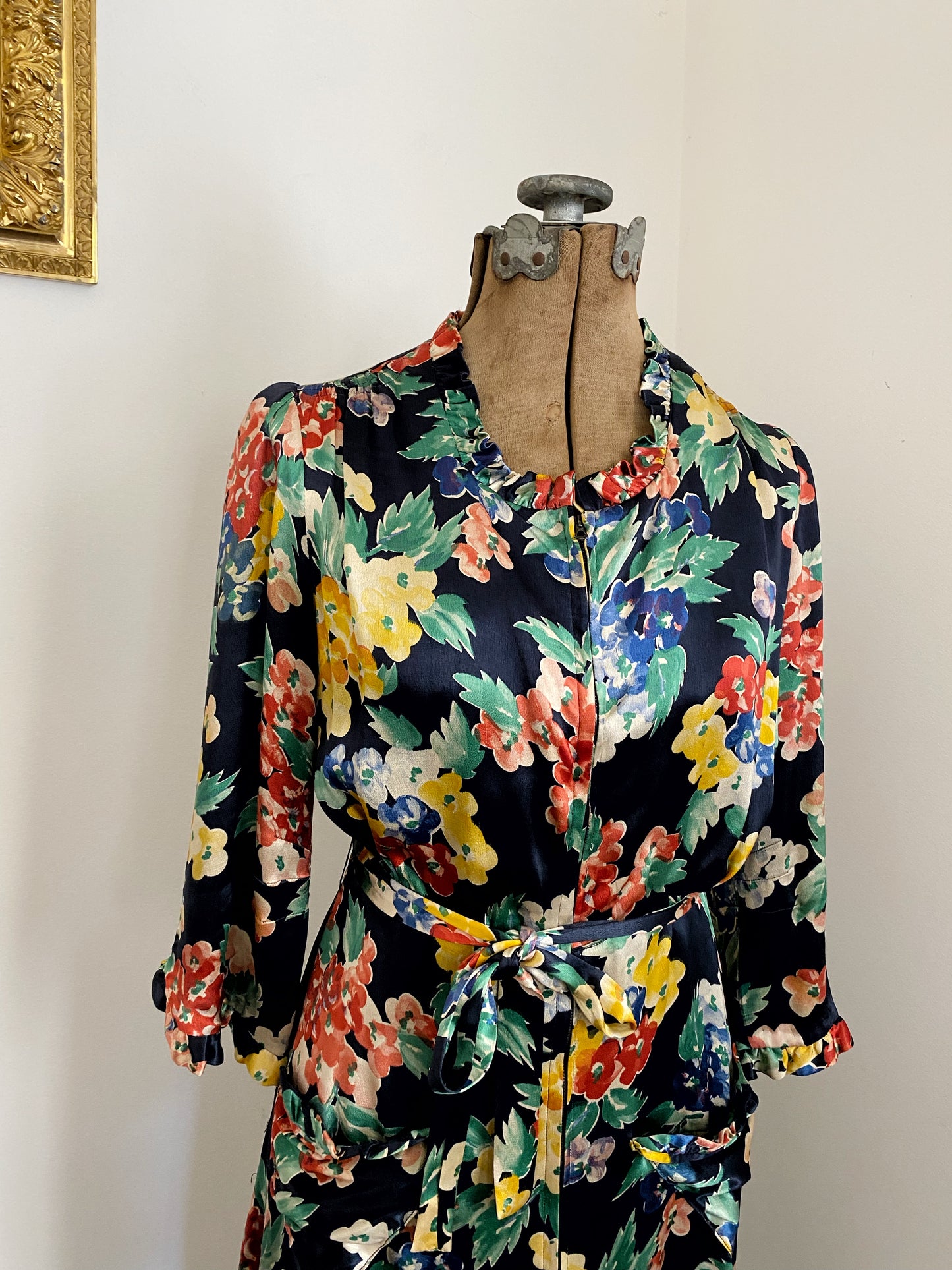 1930s Black Liquid Satin Zipper Front Dress w/ Multicolored Floral Print- M/L