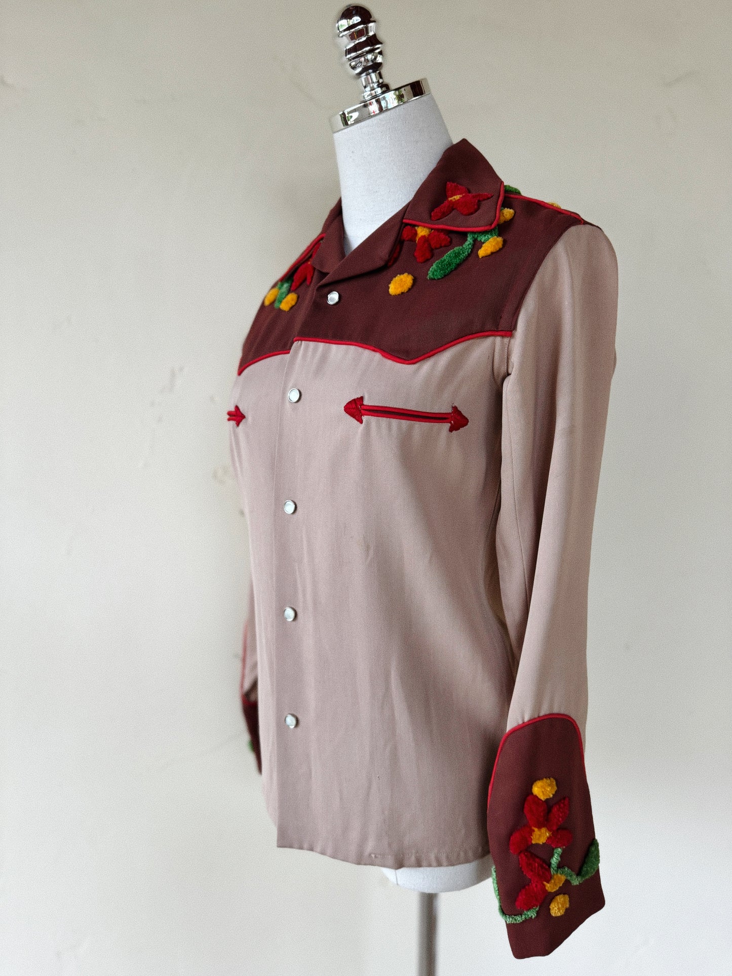 1940s/50s Gabardine Western Top w/ Chenille Floral Appliqué- S-S/M