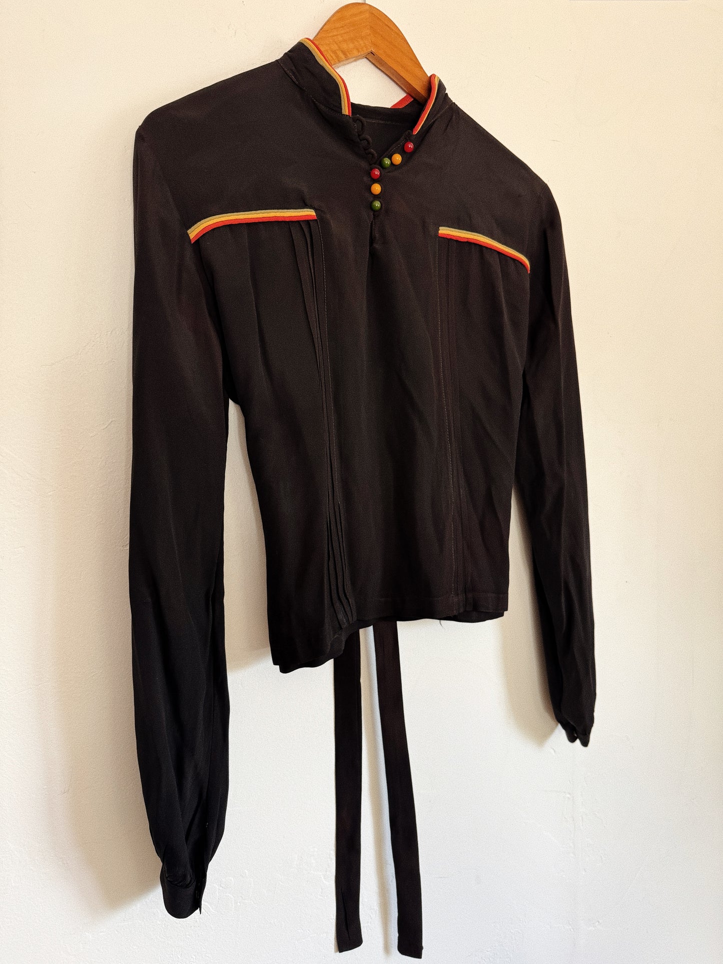 1930s Bakelite Button Silk Crepe Blouse w/ Corded Trim- S/M