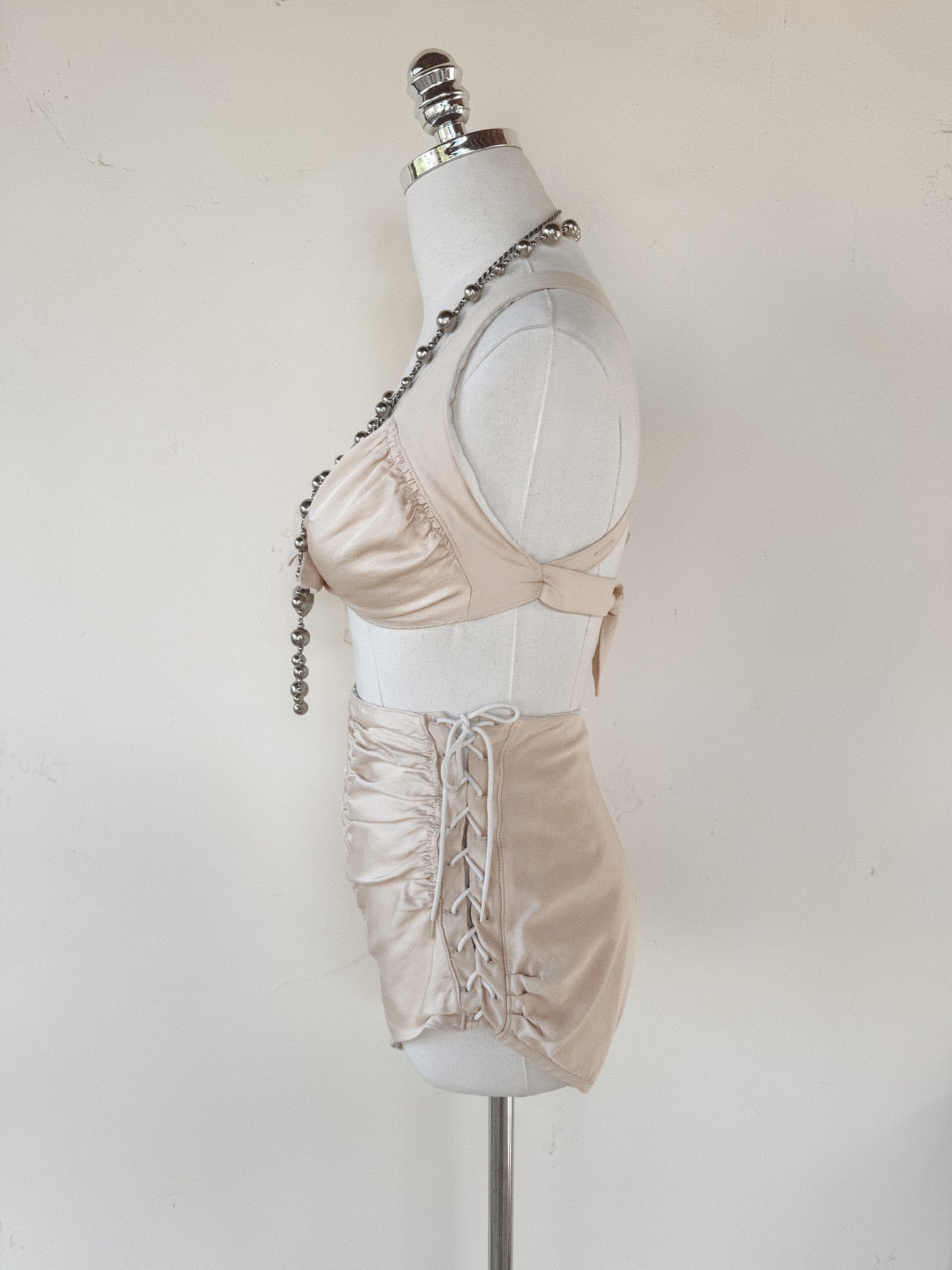 1942 Cole of California “Swoon Suit” Champagne Bombshell Ruched Lace Up Swimsuit- S/M-M