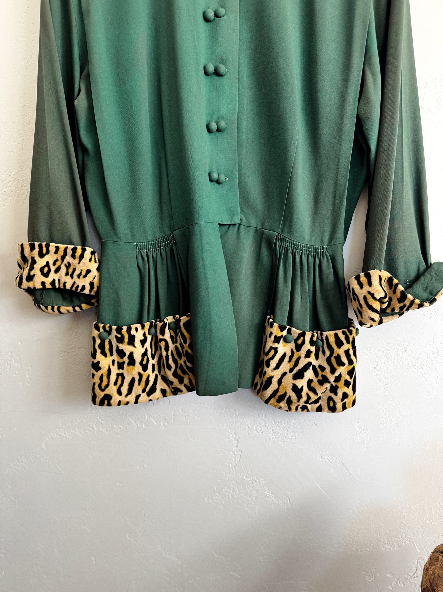 1940s Emerald Rayon + Leopard Jacket w/ Peplum- M