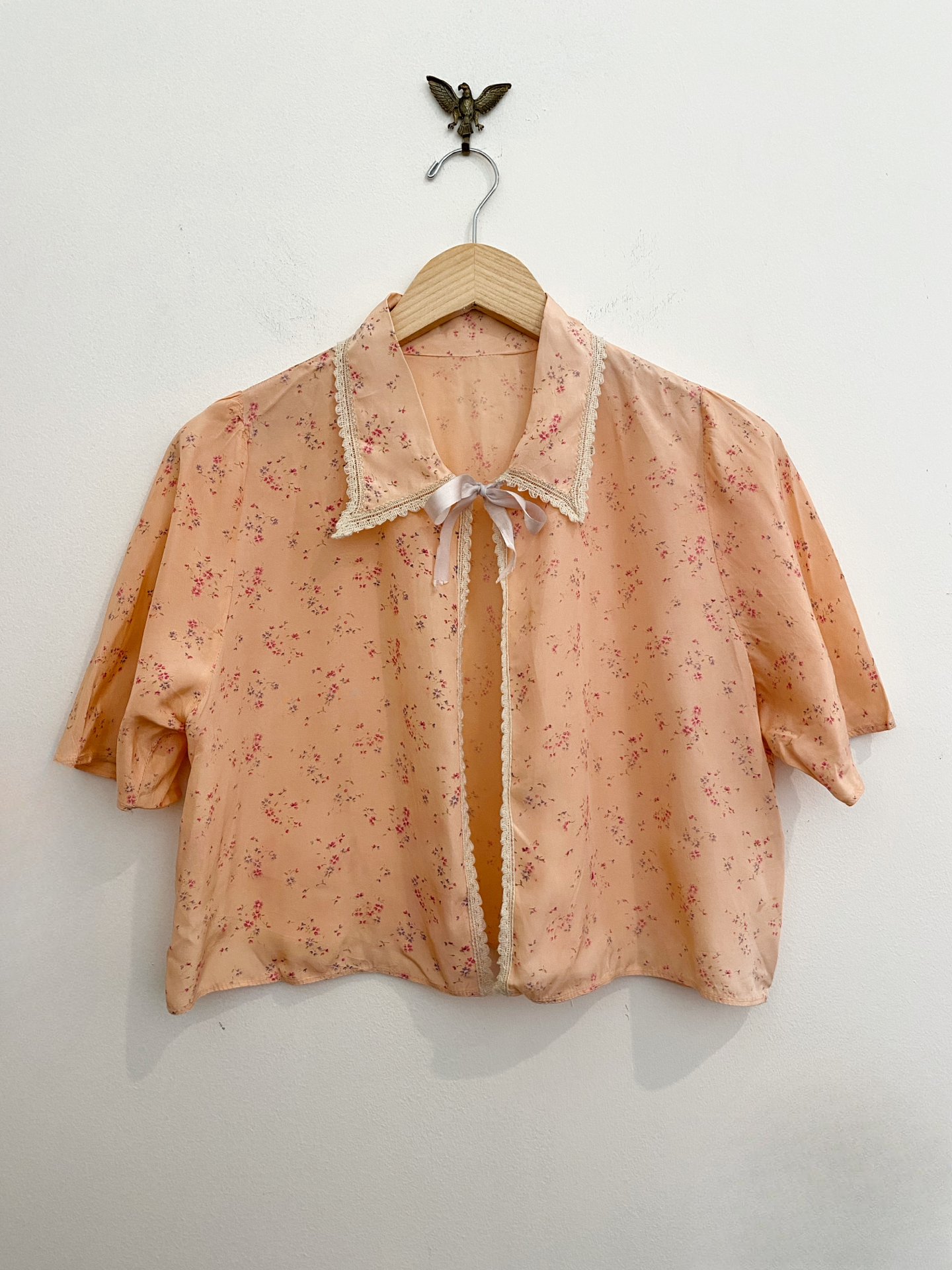 1930s/40s Pink Floral Rayon Bed Jacket Blouse- S/M