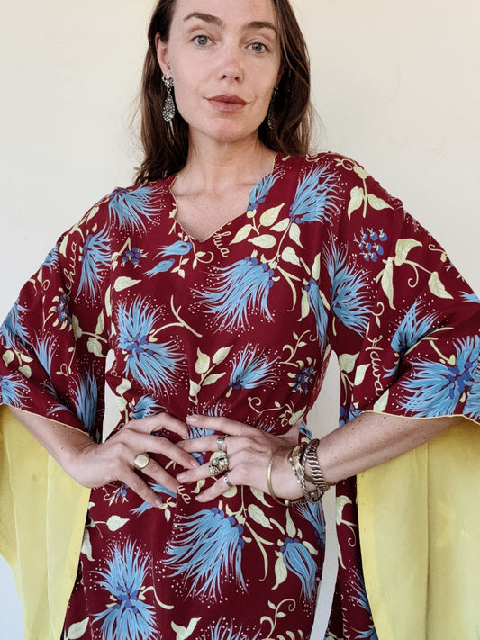 1940s Burgundy + Chartreuse Rayon Hawaiian Dress w/ Angel Sleeves- M