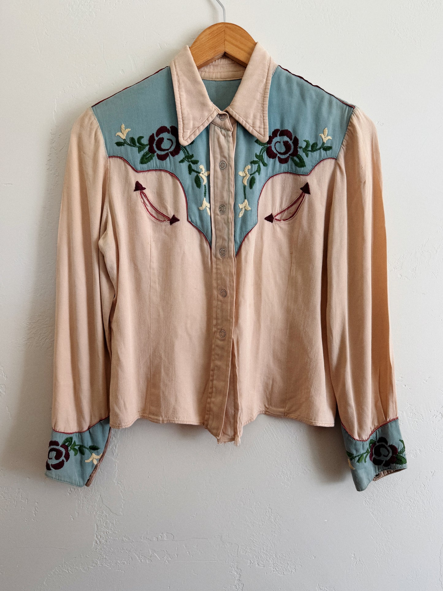 1950s Sky Blue + Purple Embroidered Western Blouse- S/M