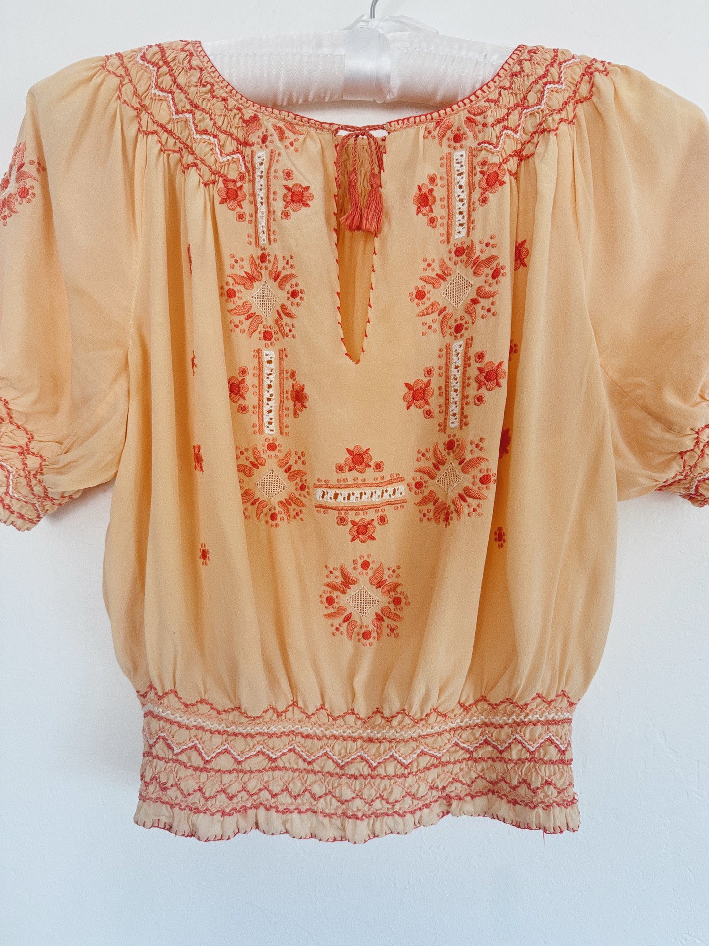 1930s Peach Silk Hungarian Peasant Blouse w/ Floral + Butterfly Embroidery- S/M