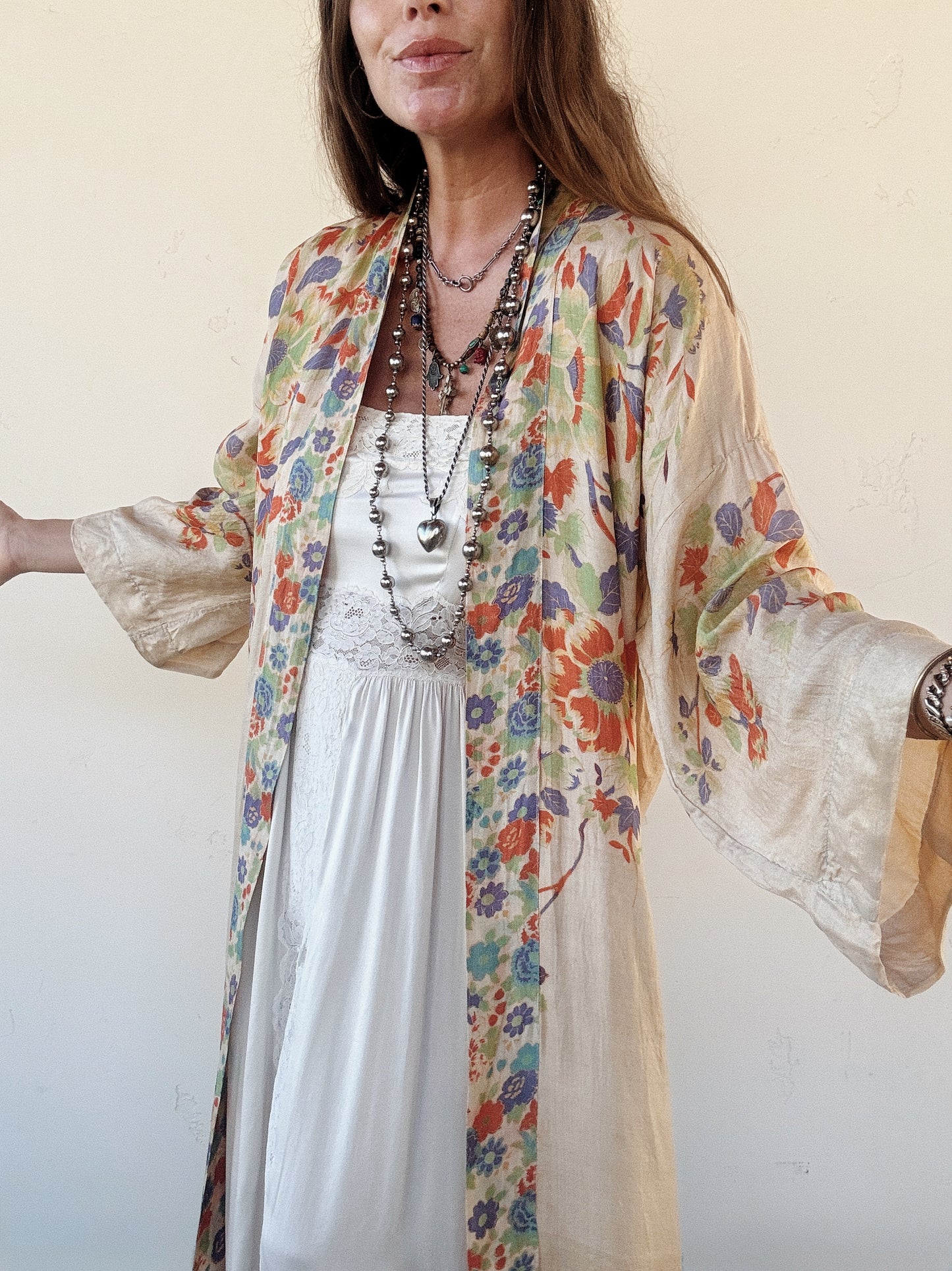 1920s Vibrant Pongee Silk Long Duster Robe