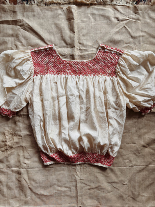 1930s Ecru Silk Hungarian Cropped Blouse w/ Red Smocking- S