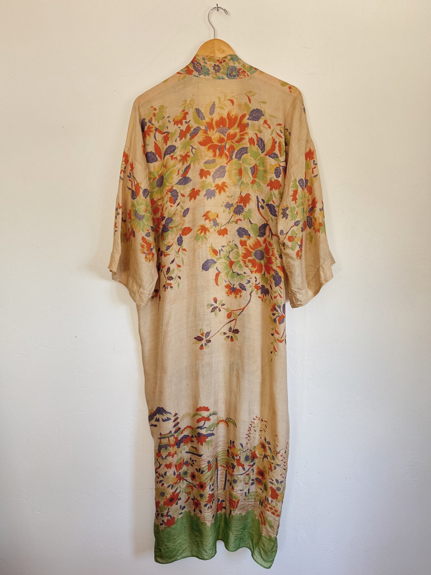 1920s Vibrant Pongee Silk Long Duster Robe