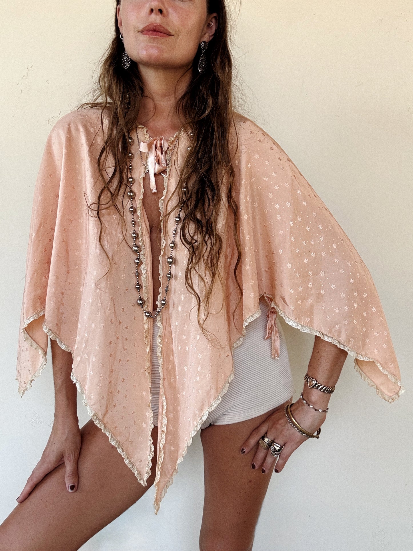 1930s Dusty Rose Silk Brocade Hanker Chief Bed Jacket- S-M