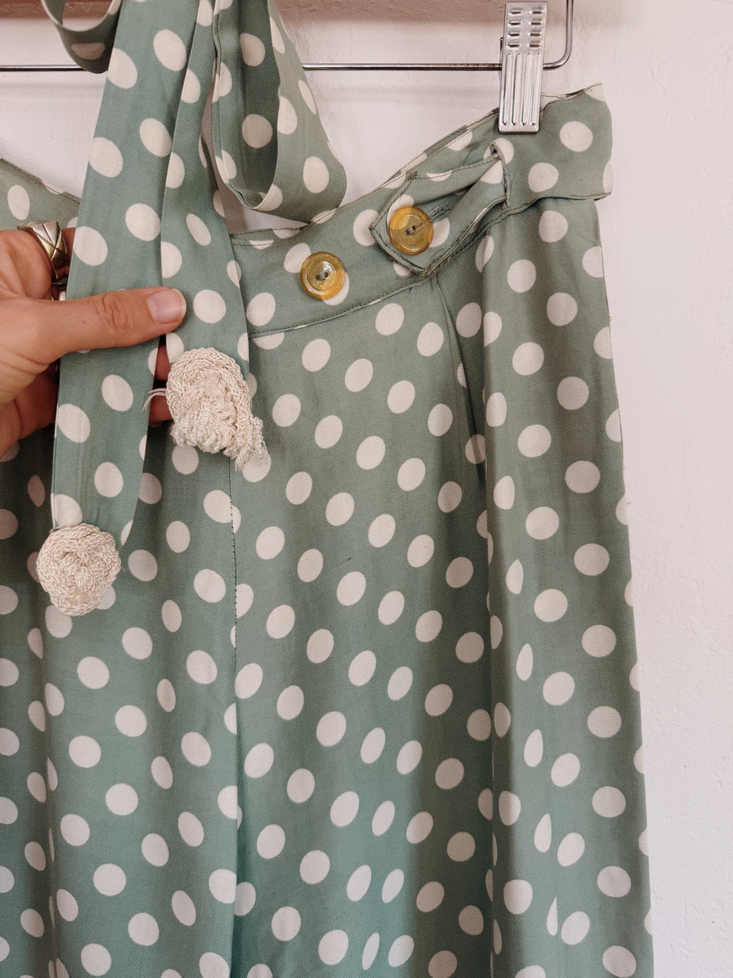 1940s Sea Foam Polka Dot Rayon Lounge Pants w/ Sash- M