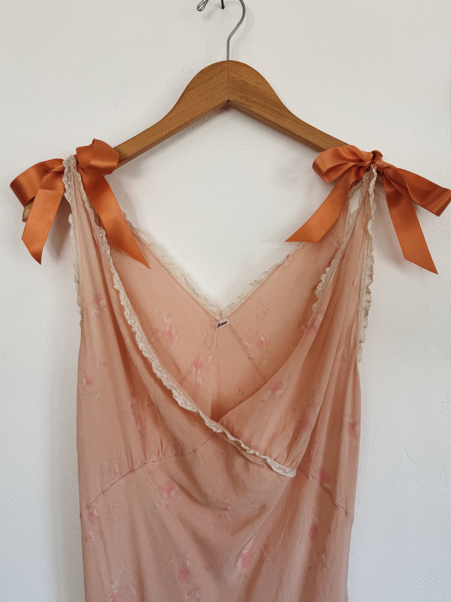 1930s Pink Floral Silk Slip Dress w/ Salmon Bow Straps- S/M-M