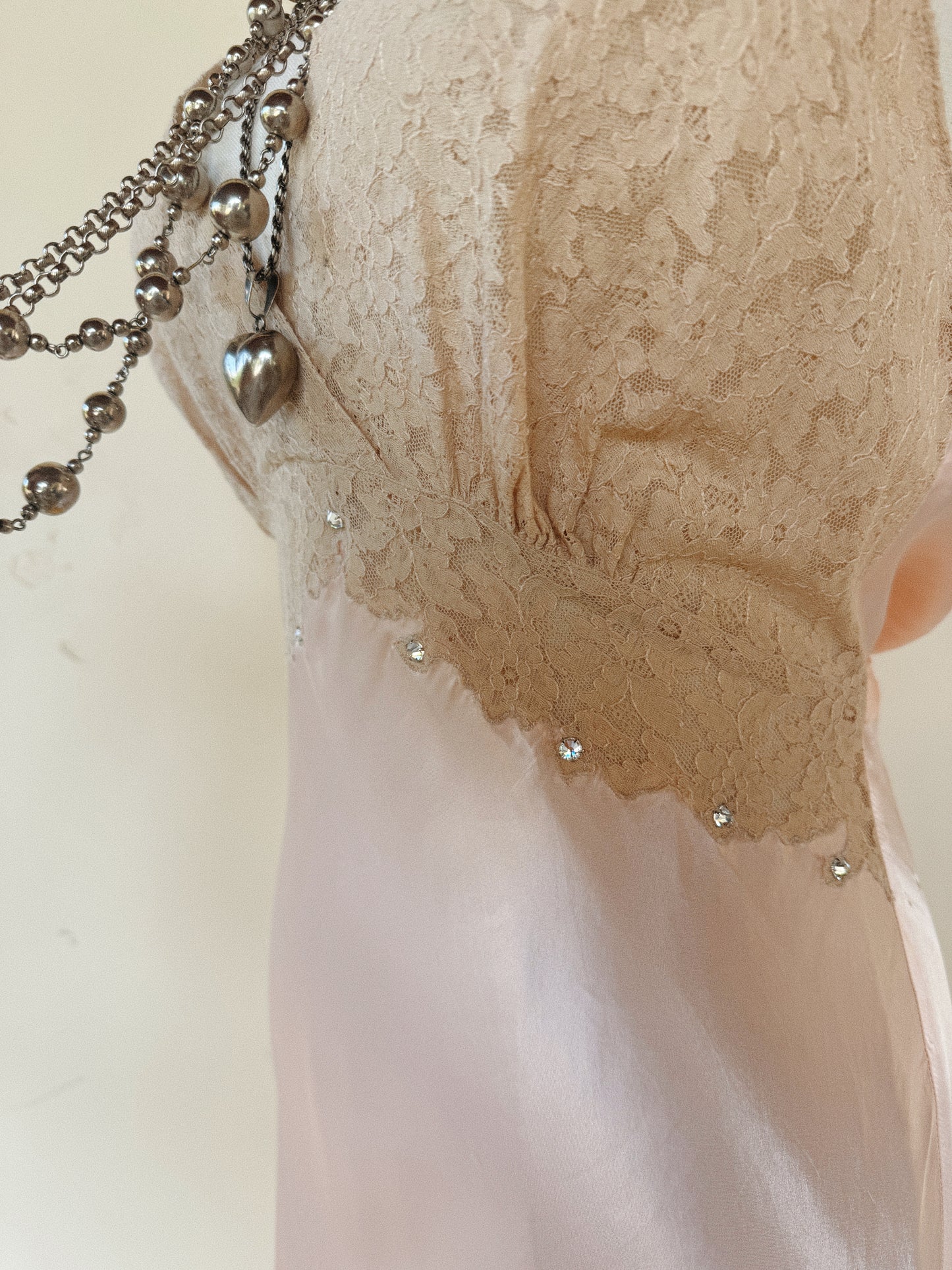 1930s/40s Pale Pink Liquid Satin + Lace Gown w/ Rhinestones- S/M