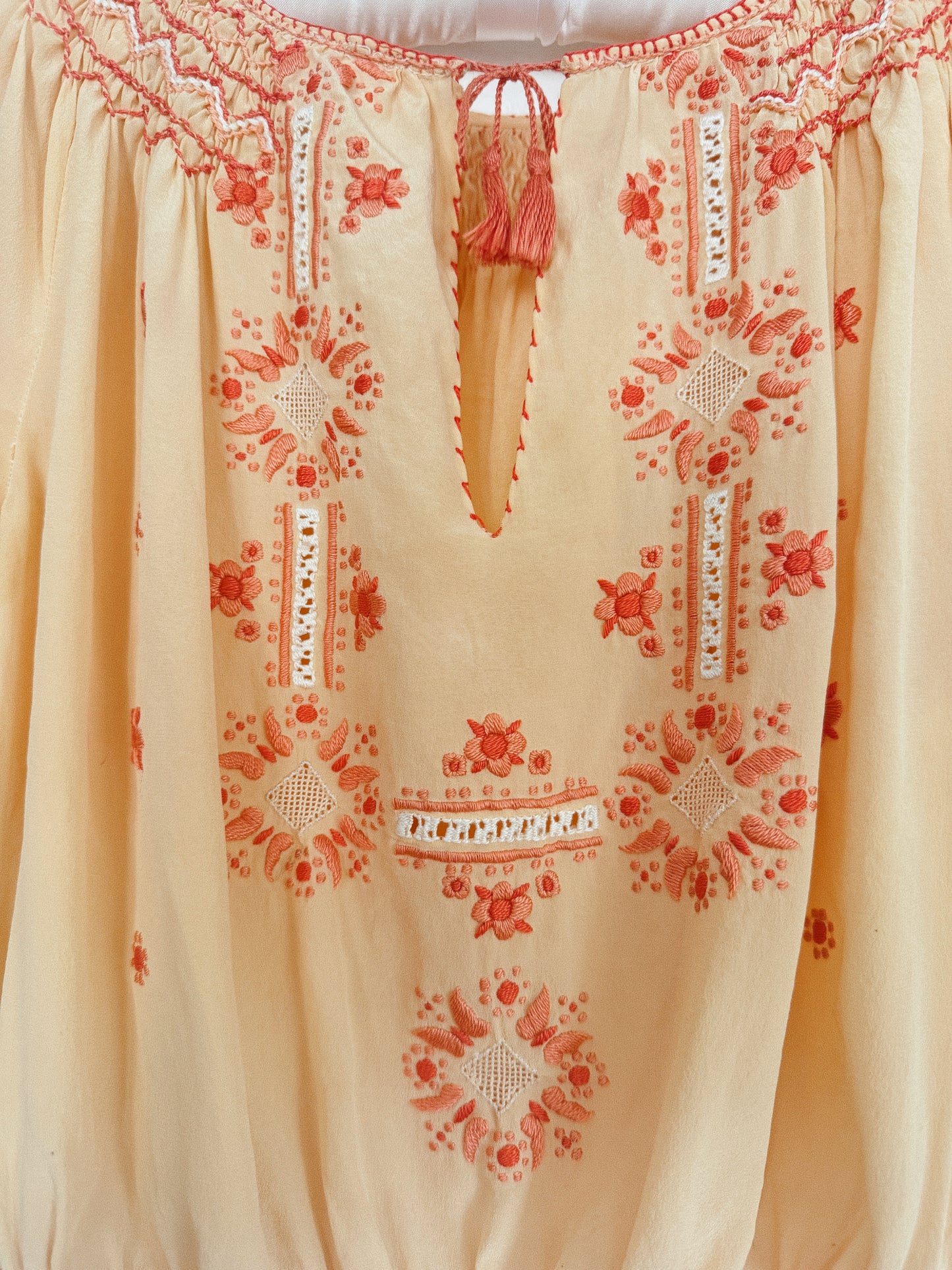 1930s Peach Silk Hungarian Peasant Blouse w/ Floral + Butterfly Embroidery- S/M
