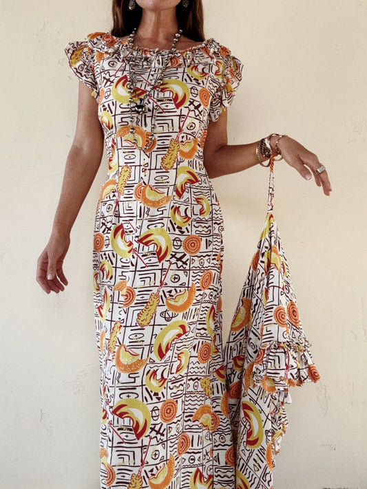 1940s Quirky Chartreuse Hawaiian Holoku Gown w/ Train- S/M