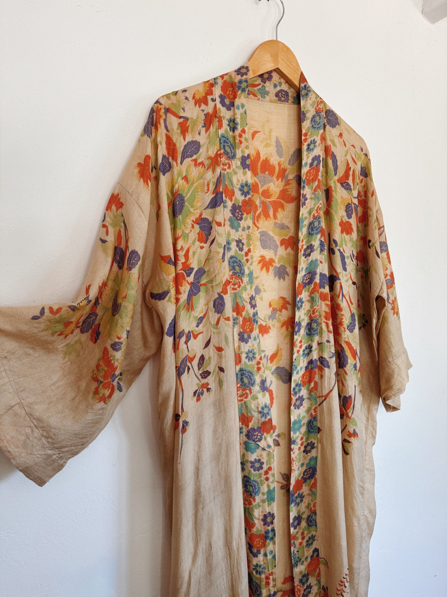 1920s Vibrant Pongee Silk Long Duster Robe