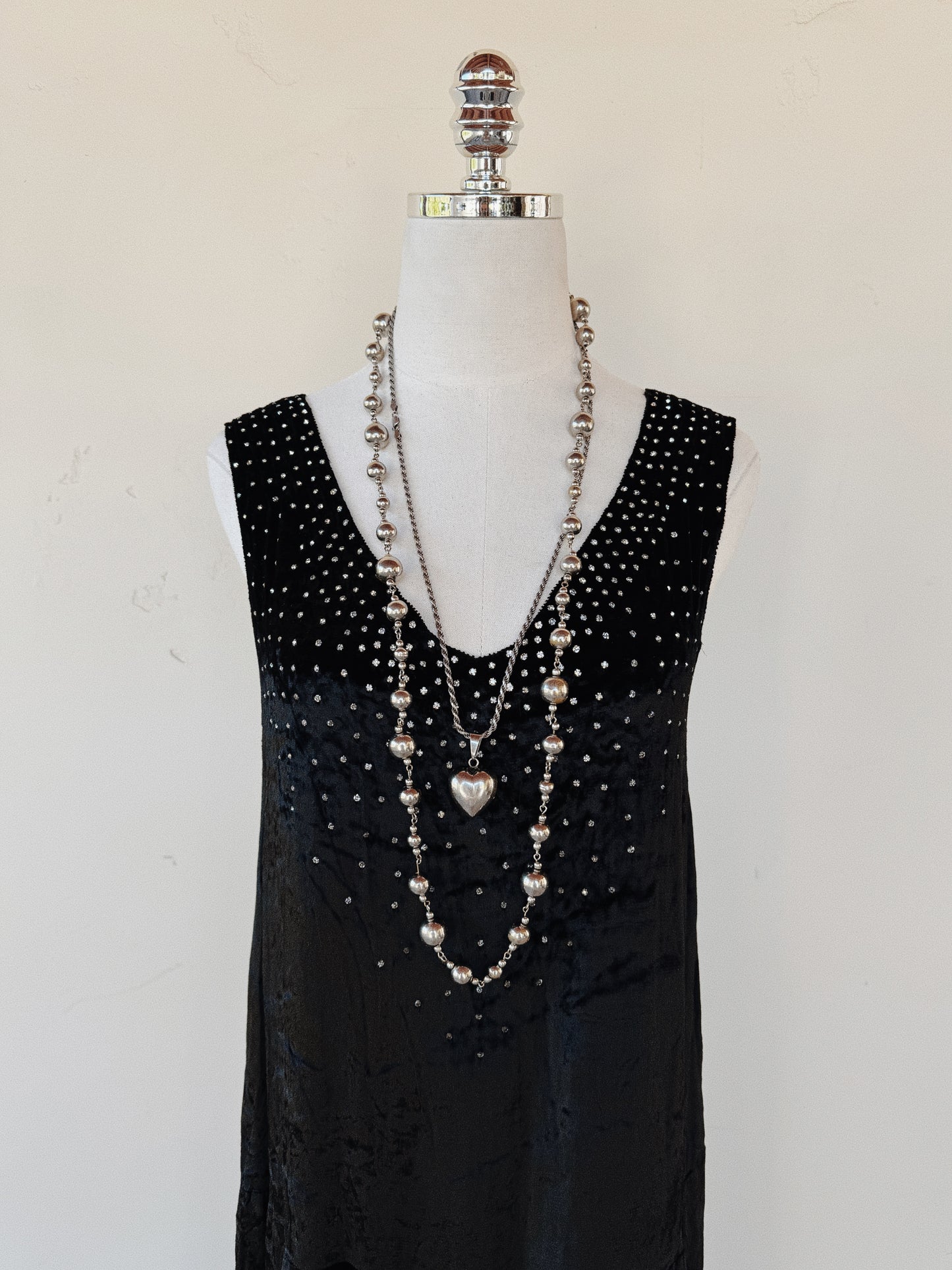 1920s Midnight Black Crushed Silk Velvet Diamenté Dress- S-S/M