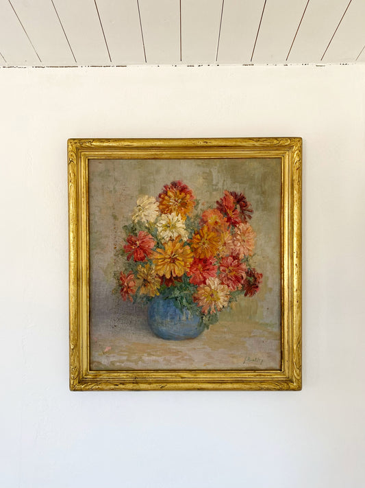 1930s Large Pink Floral Still Life of Zinnias in Gilt Frame- 23x25”