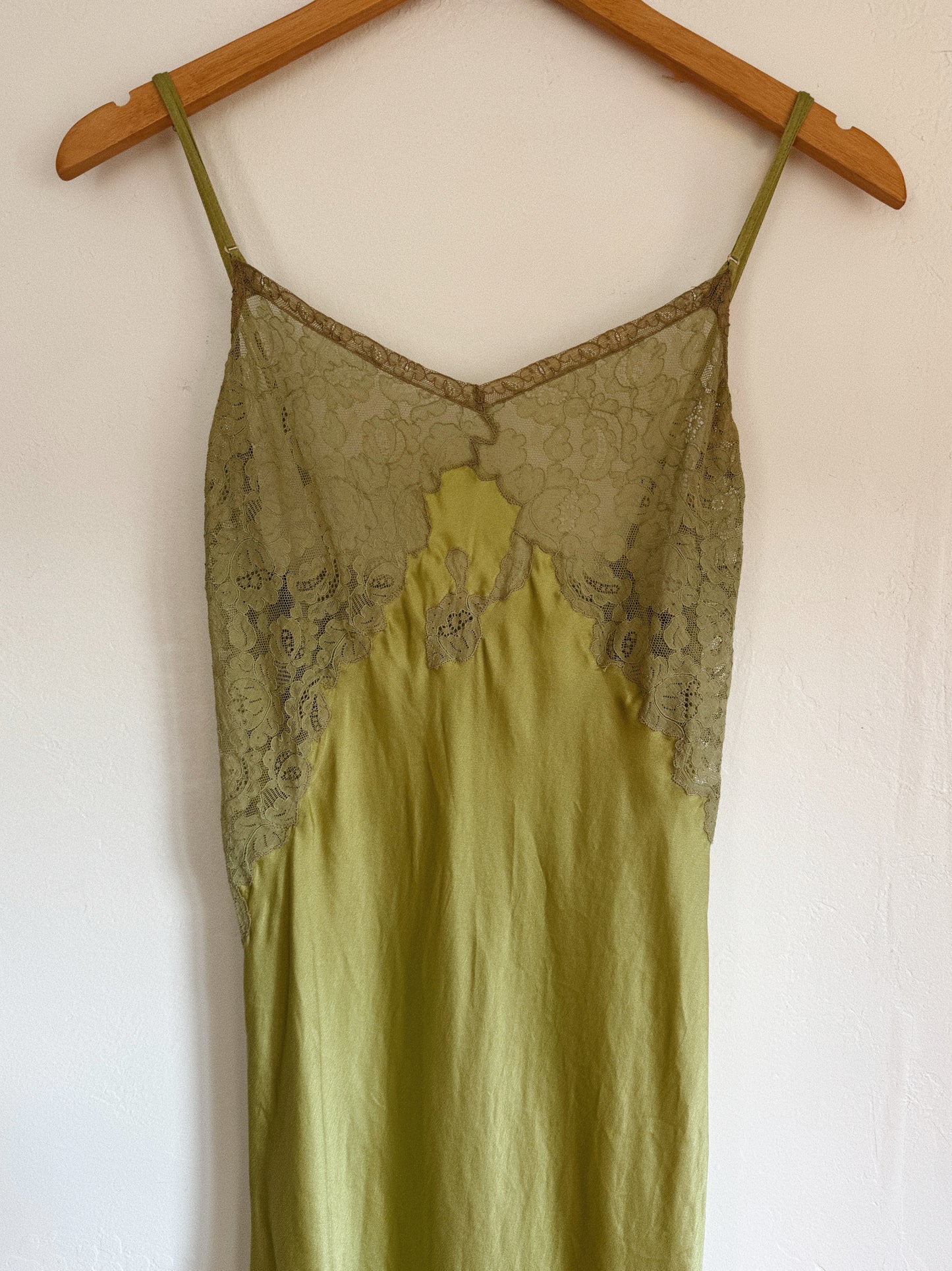 1940s Key Lime Silk + Lace Spaghetti Strap Slip Dress- S-S/M