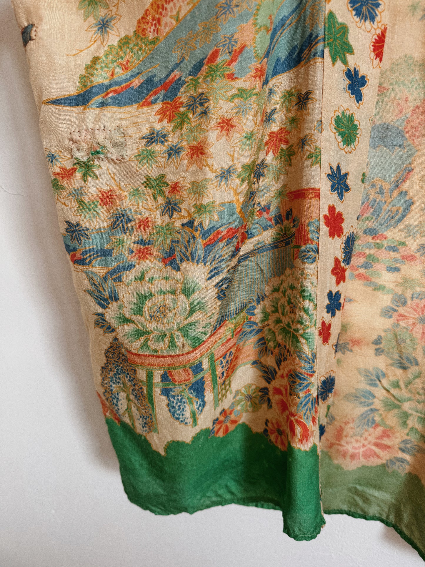 1920s Green Printed Pongee Silk Duster Robe