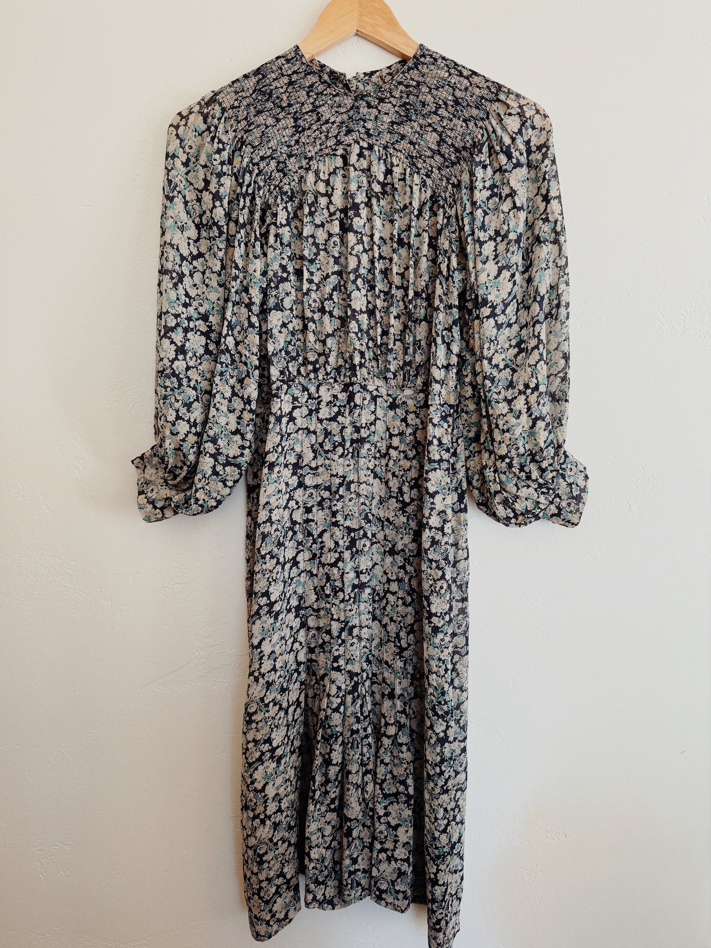 1930s Blue Floral Silk Chiffon Day Dress w/ Balloon Sleeves- S