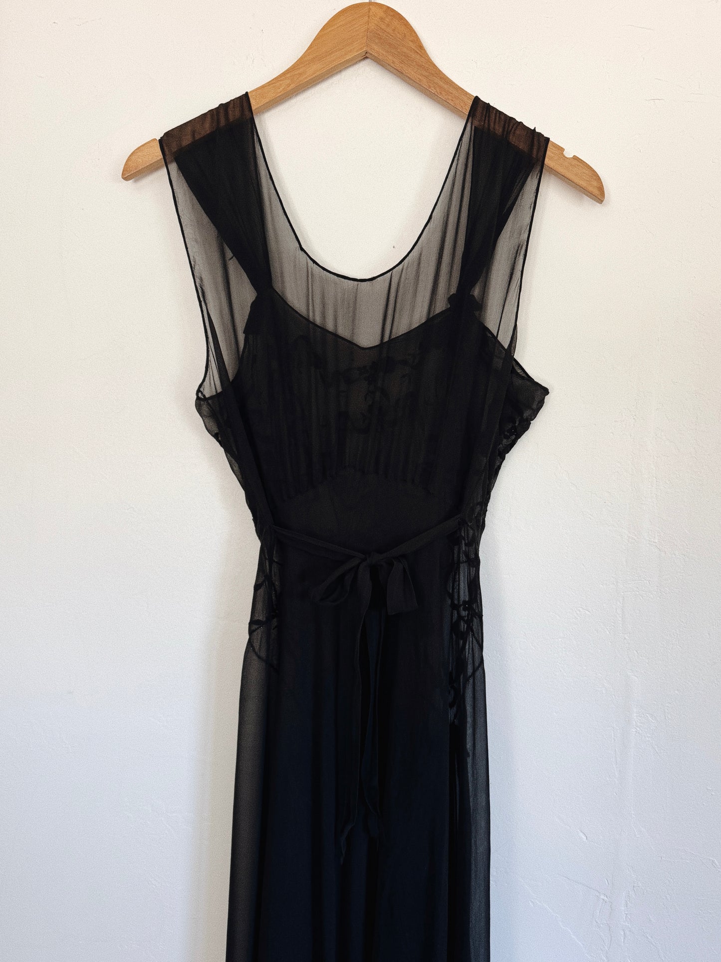 1930s Black Silk Chiffon Slip Dress w/ Floral Appliqué- S/M-M