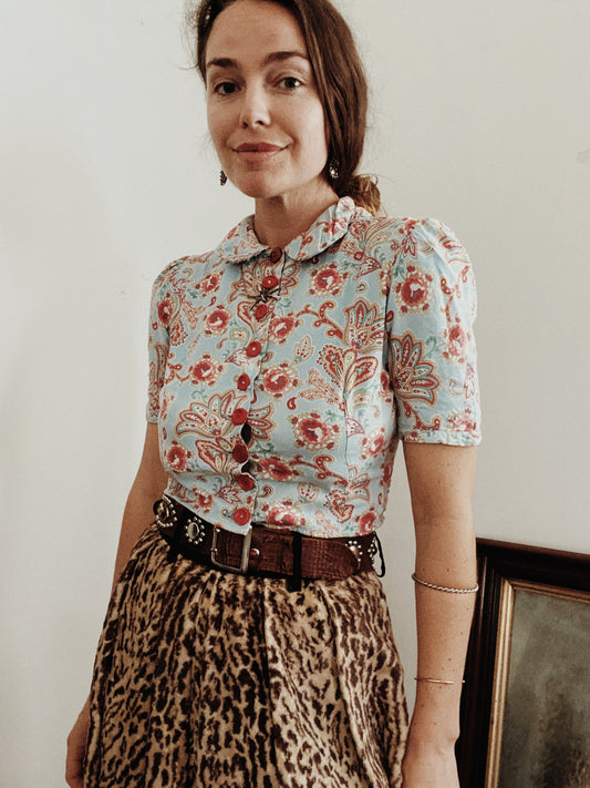1930s Cropped Floral Top w/ Puffed Shoulders- S