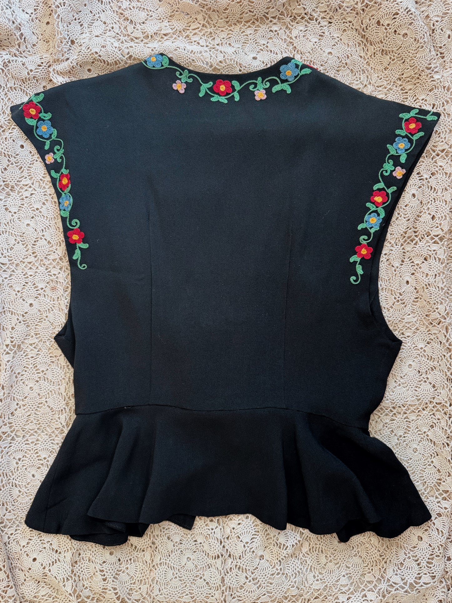 1940s Black Floral Embroidered Cropped Peplum Blouse- S-S/M