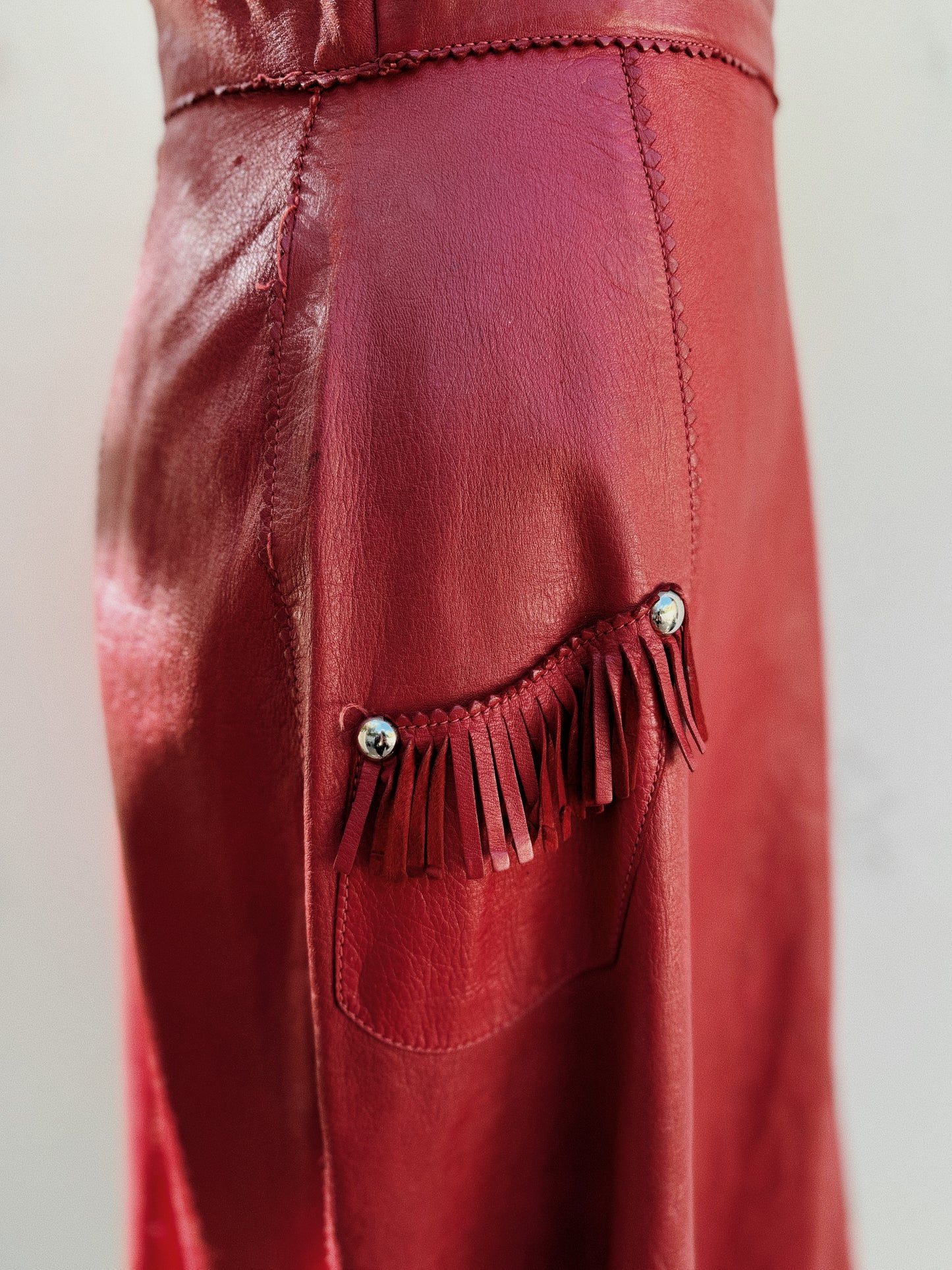 1930s/40s Western Oxblood Red Leather Fringe Cowgirl Skirt- S