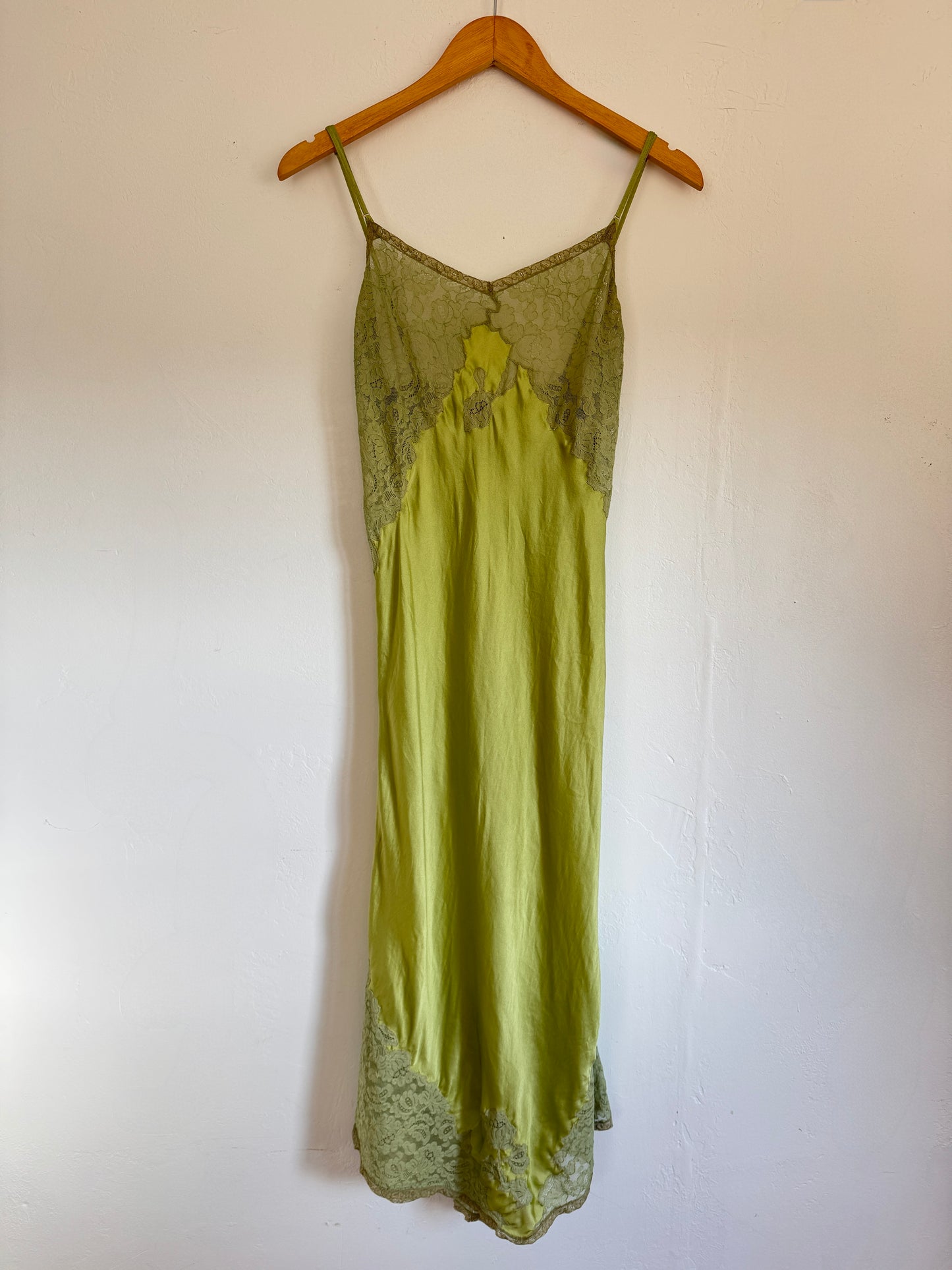 1940s Key Lime Silk + Lace Spaghetti Strap Slip Dress- S-S/M