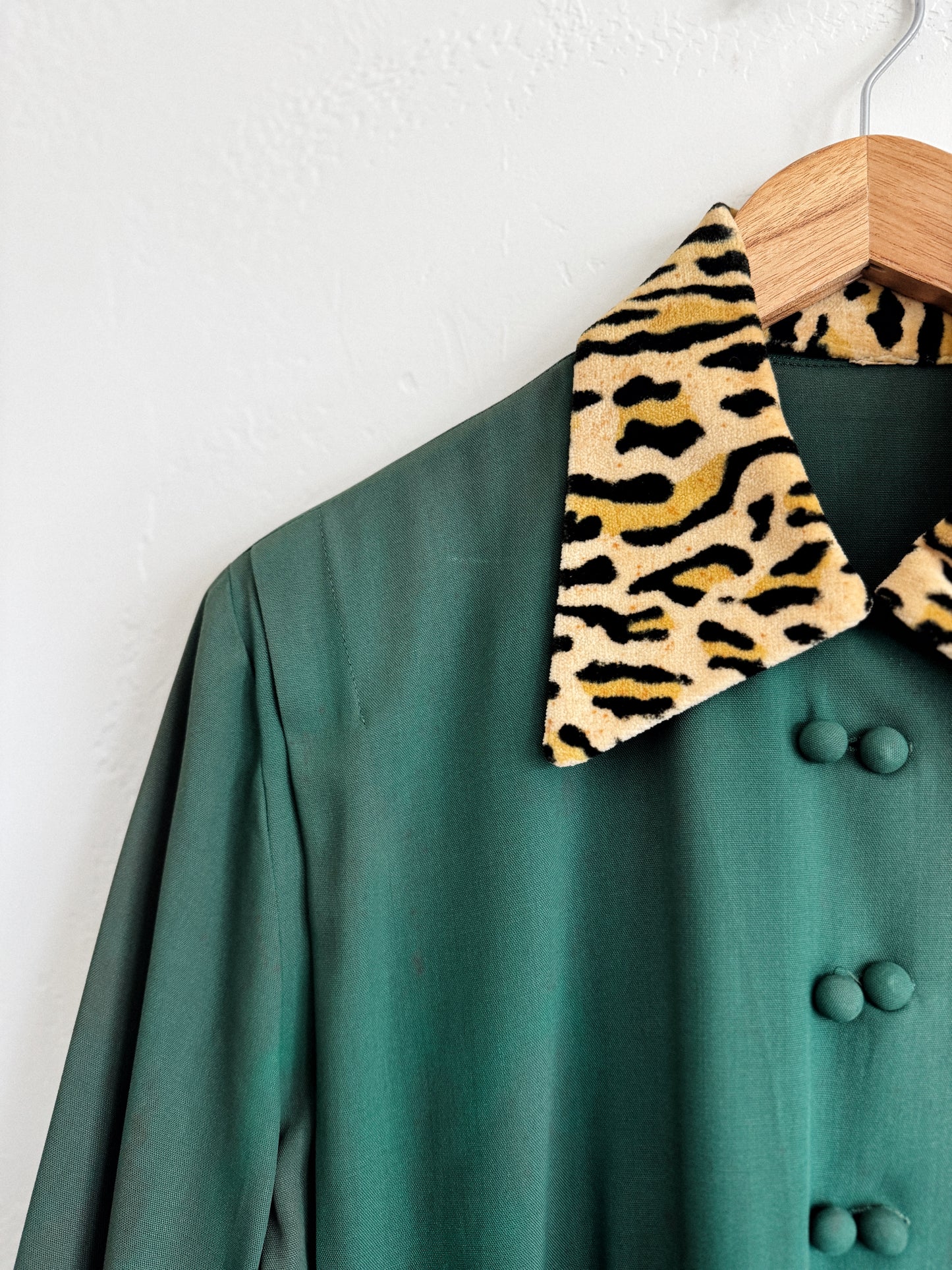 1940s Emerald Rayon + Leopard Jacket w/ Peplum- M