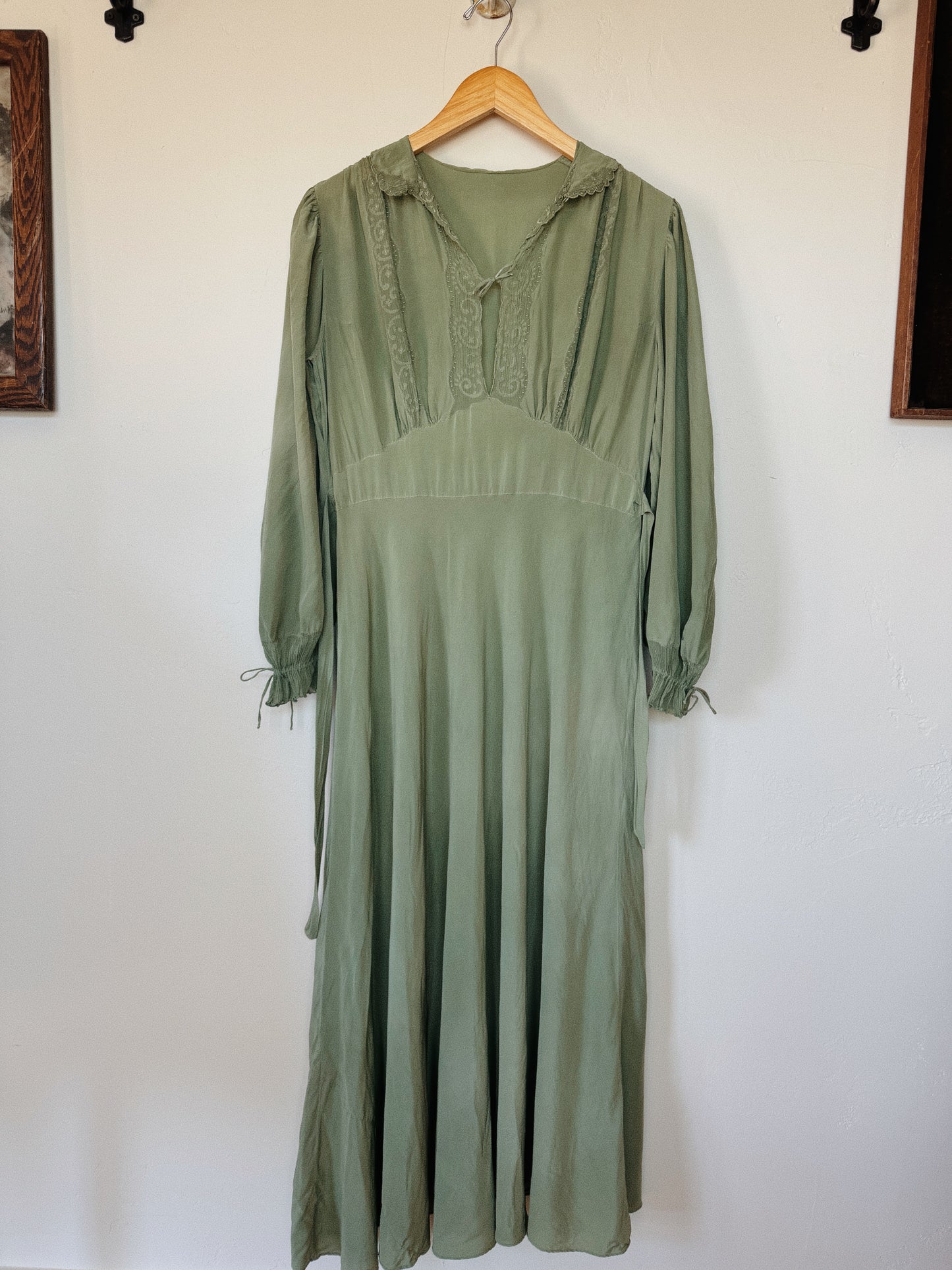 1930s Juniper Green Embroidered Silk Gown w/ Crinkle Chiffon Inserts- S-S/M