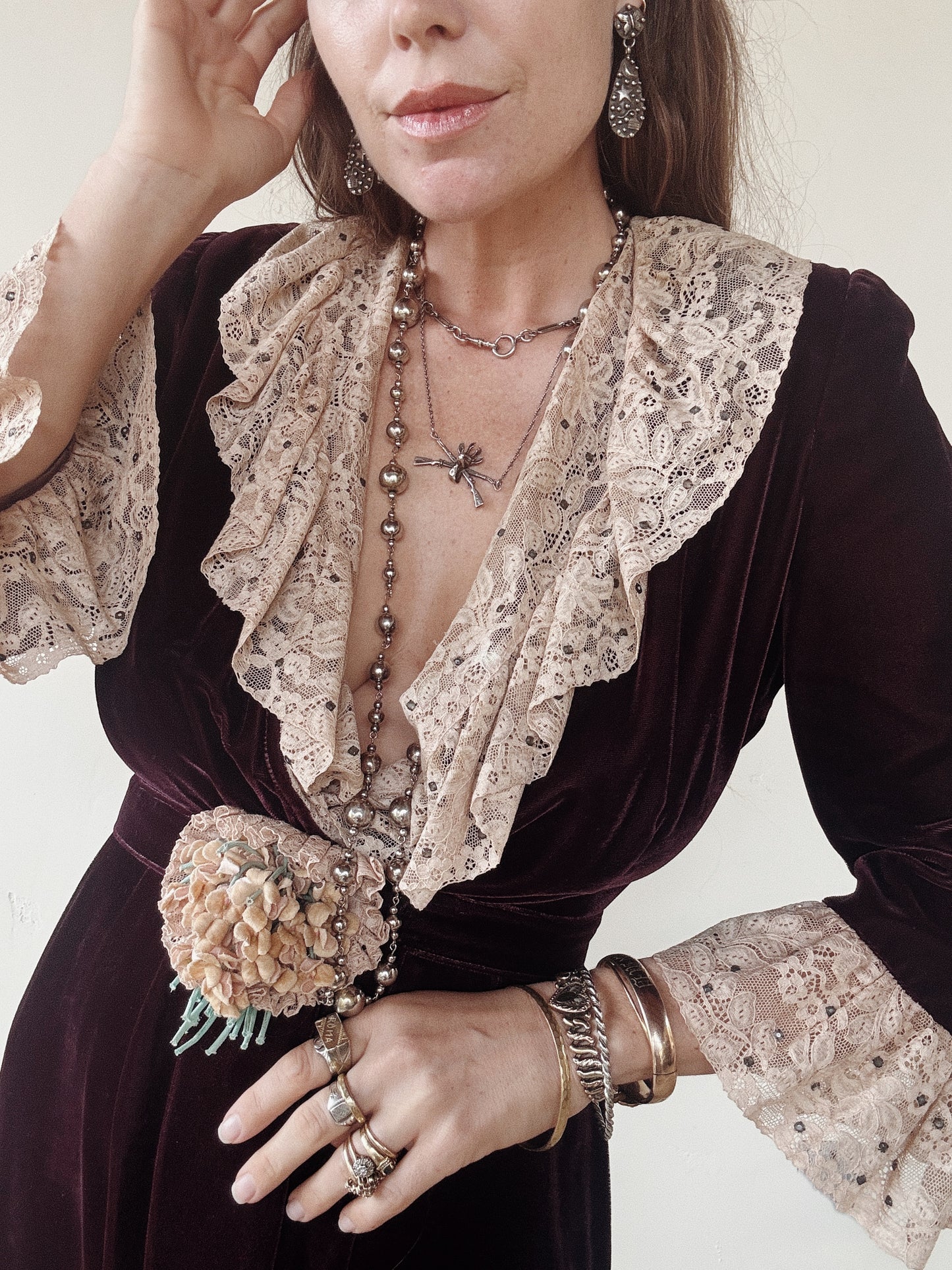 1930s/40s Aubergine Velvet + French Lace Dress w/ Rhinestones- S/M