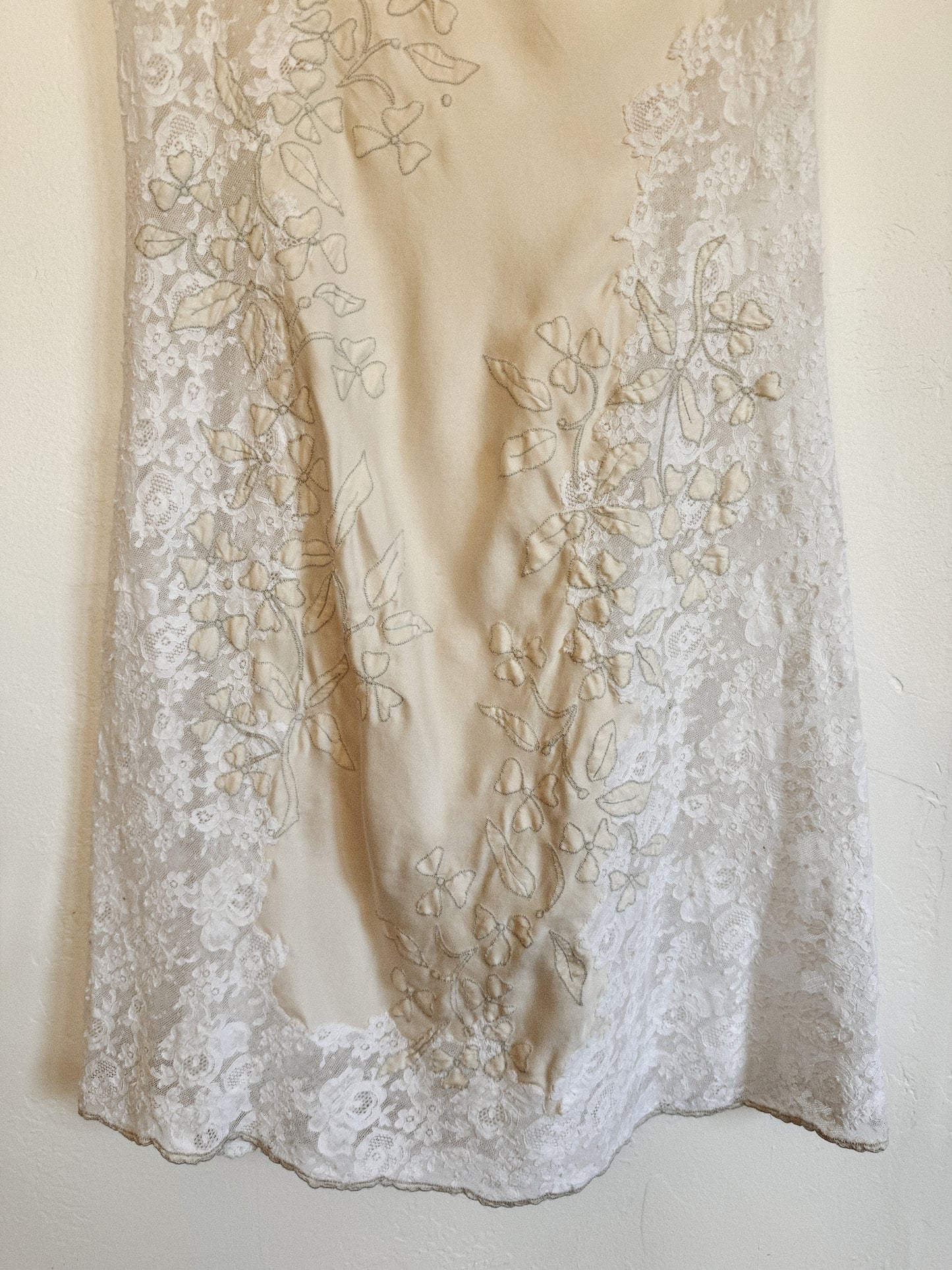 1940s/50s Ultra Pure White Lace + Silk Slip Dress w/ Pale Blue Flowers- S-M