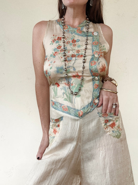 1920s Pongee Silk Palazzo Beach Pajamas- S/M