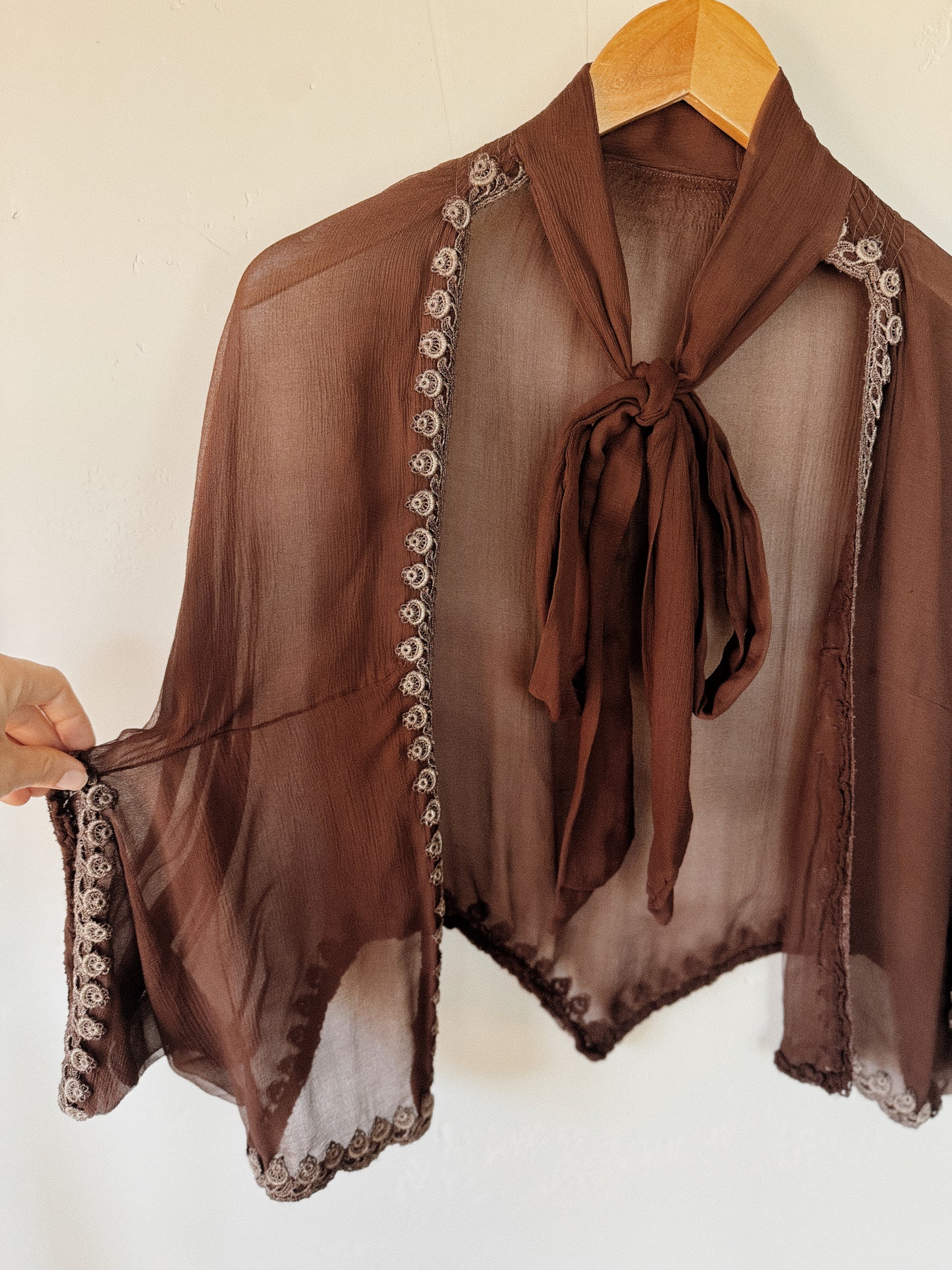 1930s Mocha Crinkle Silk Chiffon Shrug Jacket- S-L