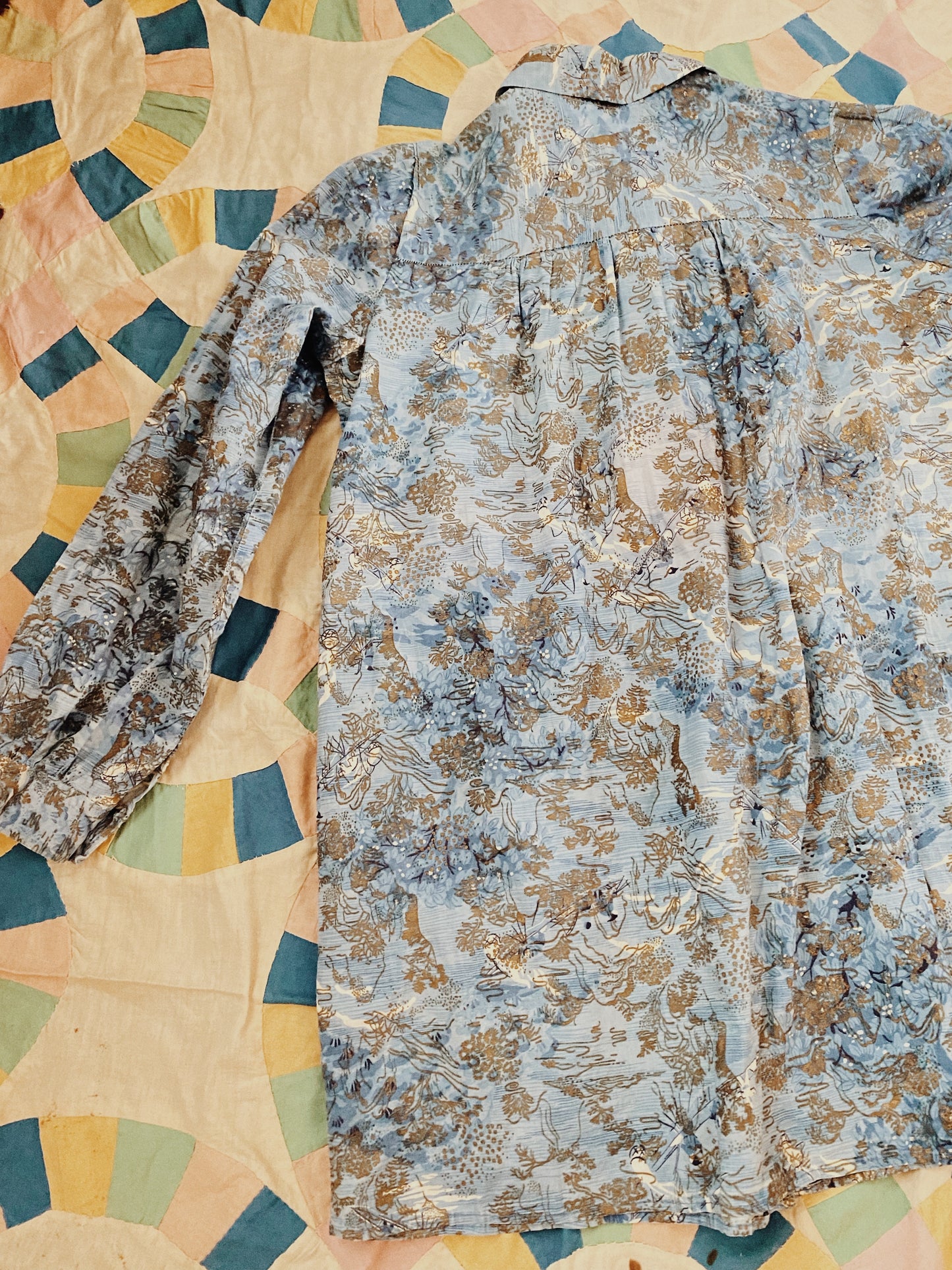1950s Blue + Gold Cotton Chinoiserie Print Smock- M