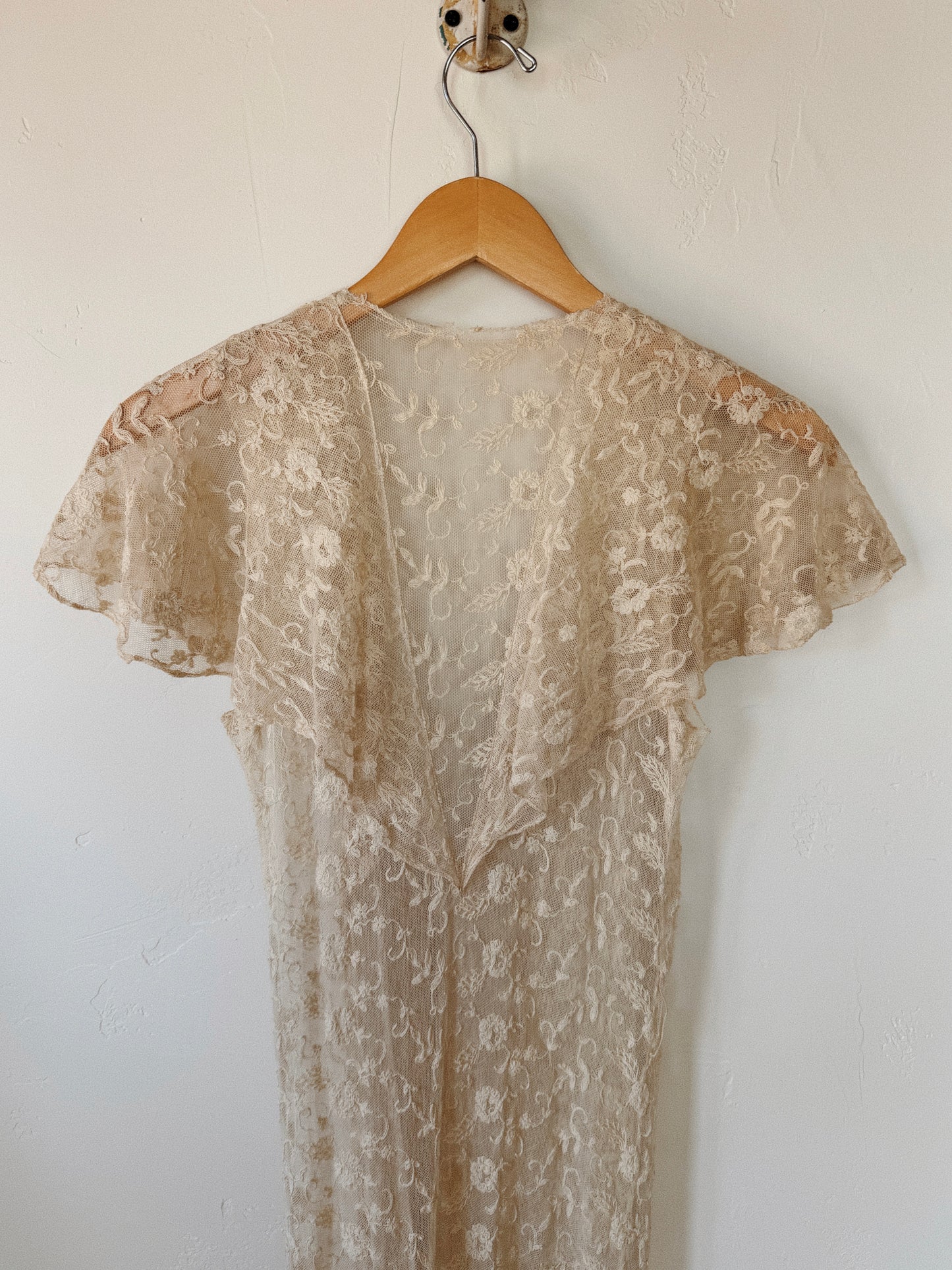 1930s French Lace Caplet Boudoir Duster Dress w/ Fishtail Hem- XS-S/M