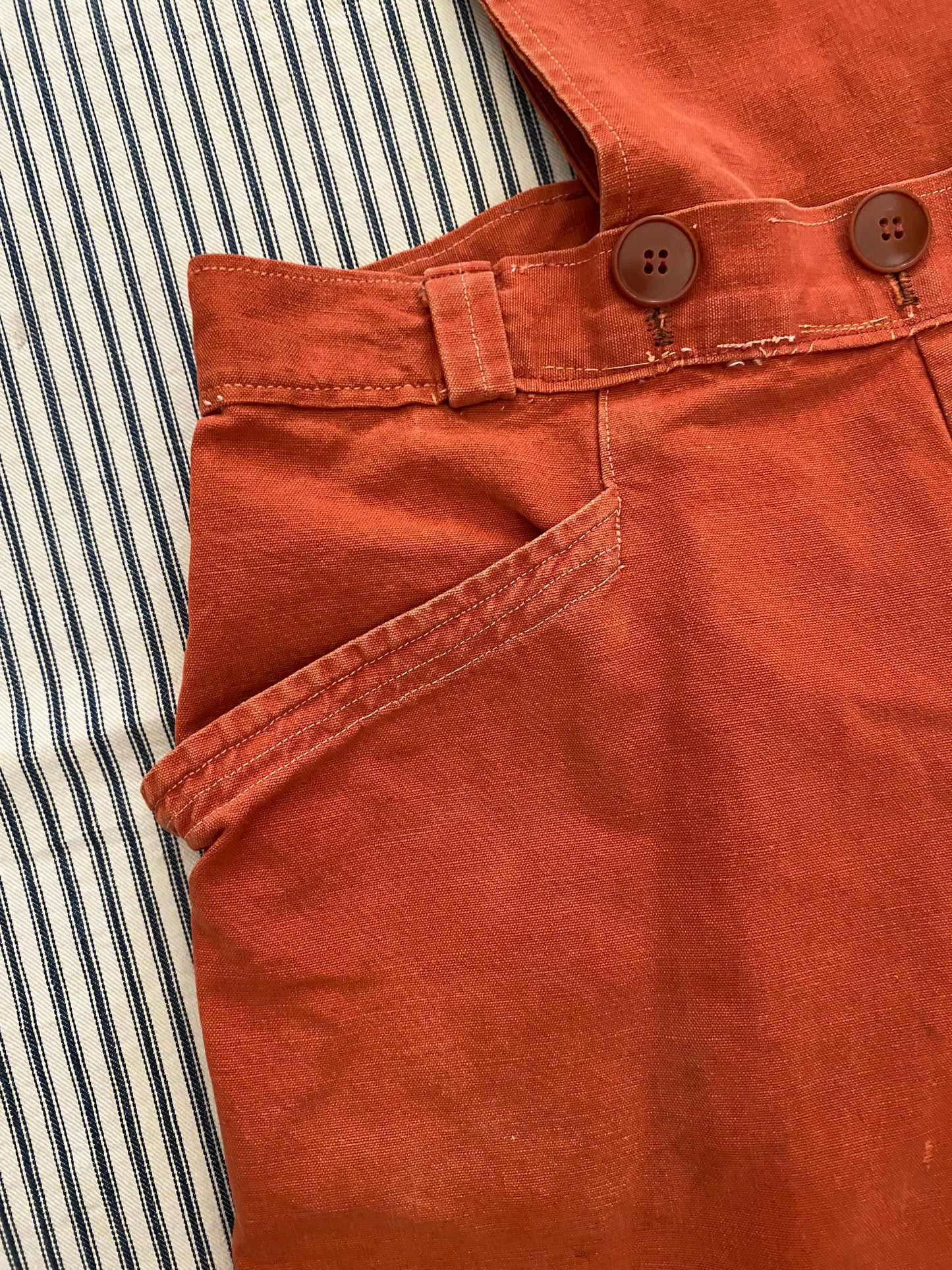 Early 1940s French Burnt Orange Overalls w/ Deco Details- 5/6