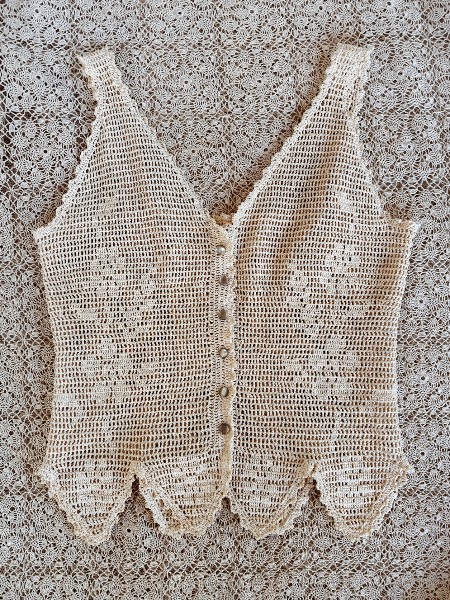 1960s Cotton Crocheted Top w/ Handkerchief Hem- S/M