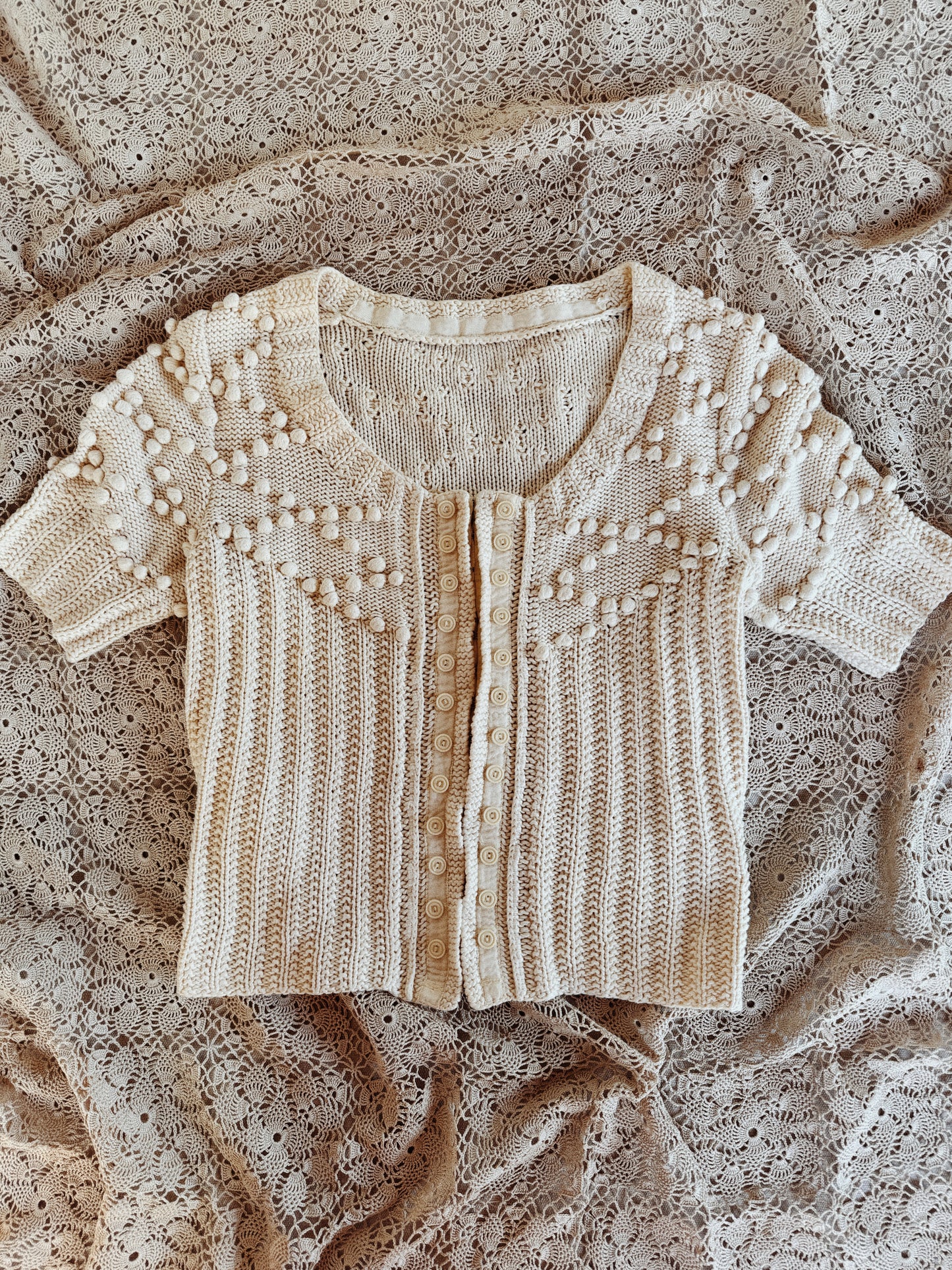 1930s/40s Cream Cropped Knit Top w/ Eyelet Closures + Bon Bons- S/M-M