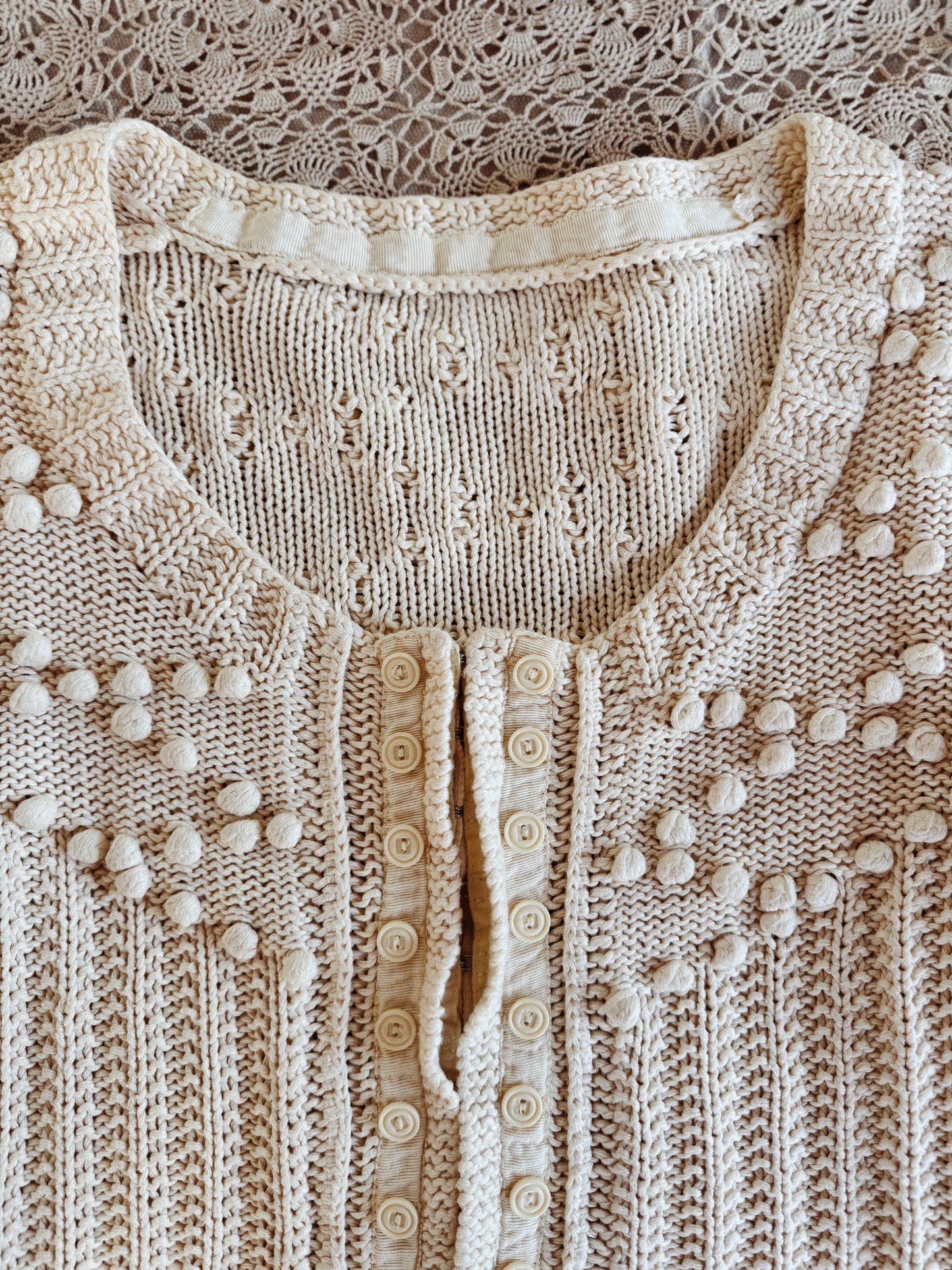 1930s/40s Cream Cropped Knit Top w/ Eyelet Closures + Bon Bons- S/M-M