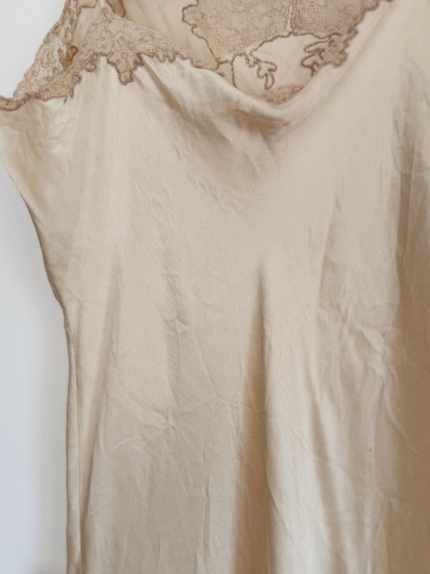 1930s Champagne Silk + French Lace Spaghetti Strap Slip Dress- S- S/M