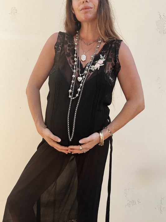 1920s Black Chiffon Slip Dress w/ Silk Rosettes- S/M-M/L