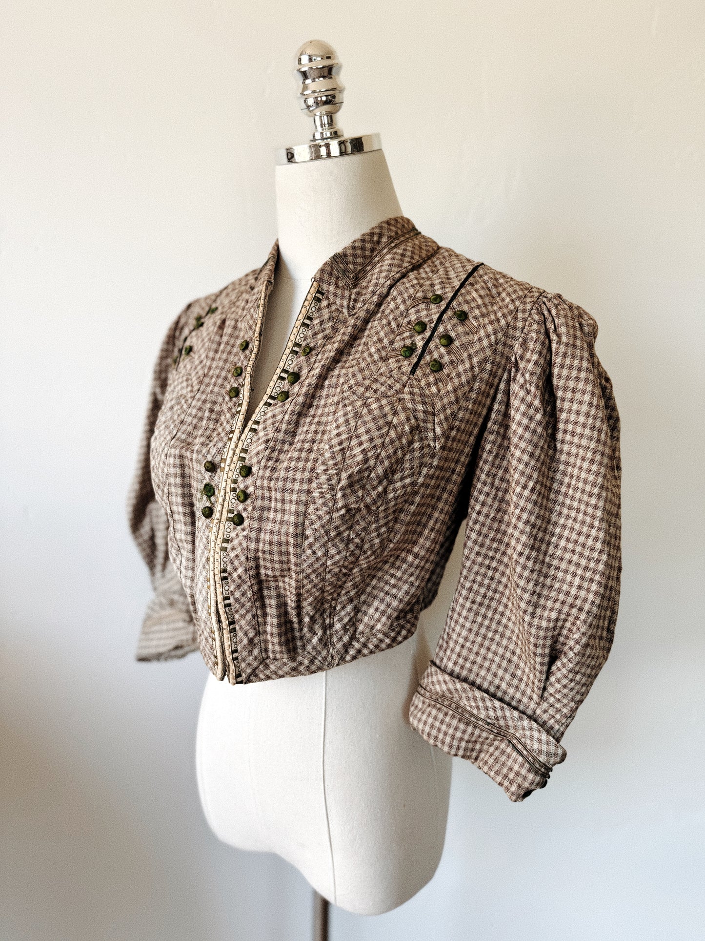 Victorian Gingham Balloon Sleeve Bodice w/ Emerald Silk Buttons- S-S/M