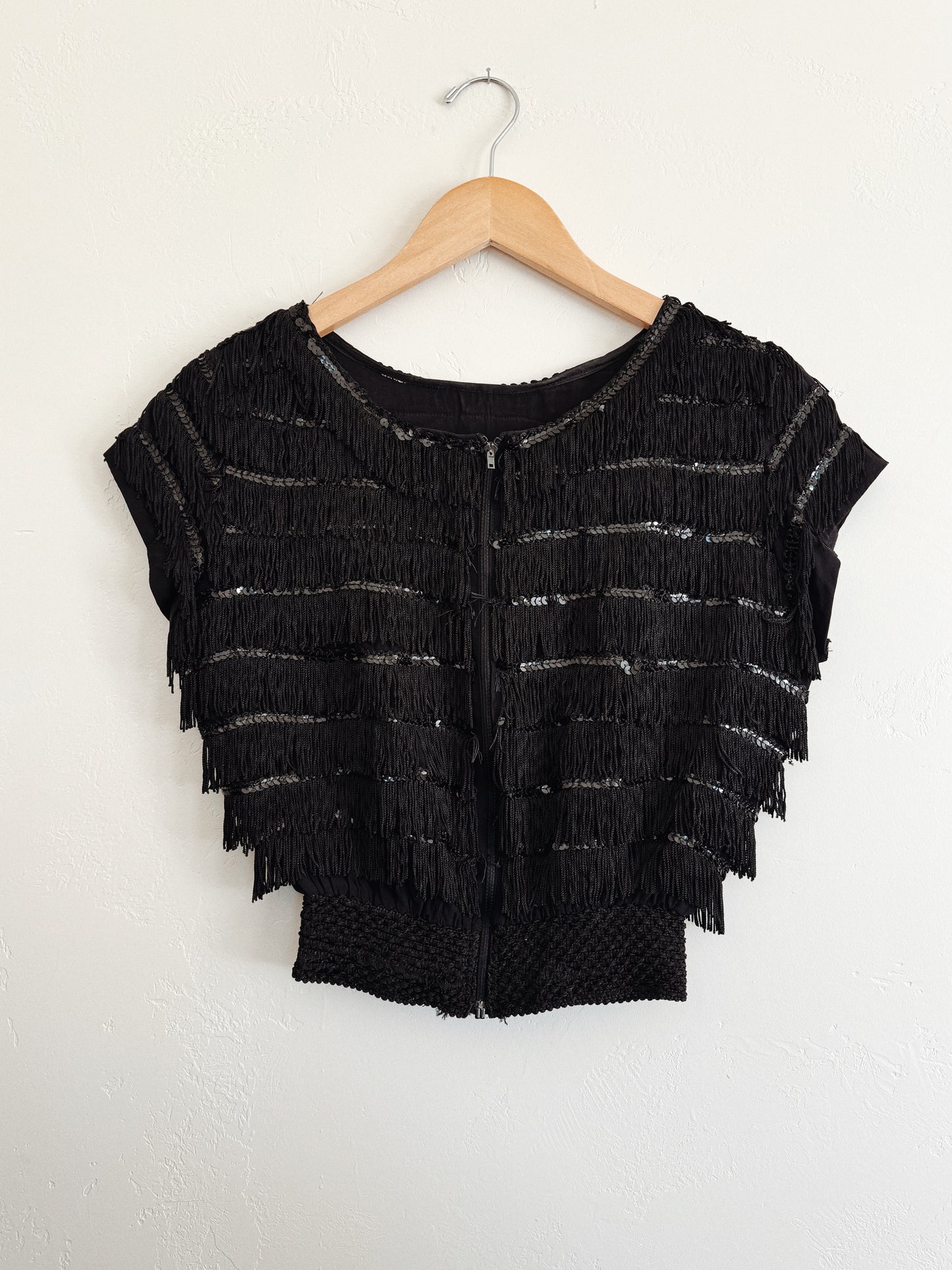 1930s Rare Zipper Front Fringe Cropped Top w/ Sequins- S/M