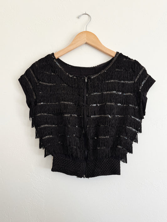 1930s Rare Zipper Front Fringe Cropped Top w/ Sequins- S/M
